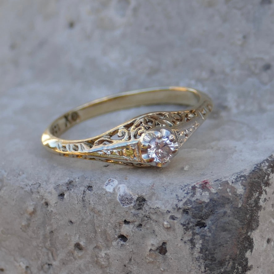 Hand Carved 1930s Filigree Mixed Metal Diamond Solitaire, 9ct White and Yellow Gold, size M1/2 or just under 6.5