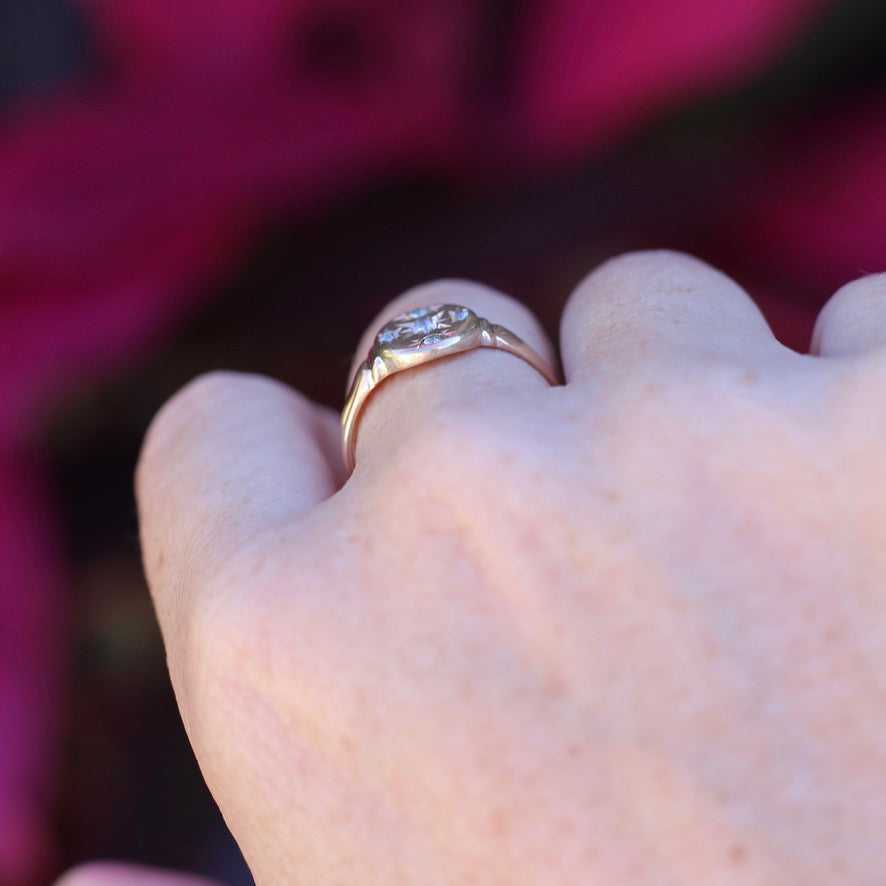 Early Australian Joseph Lawrence Signet Ring, Star Set with 5 Old Cut Diamonds, size T or 9.5