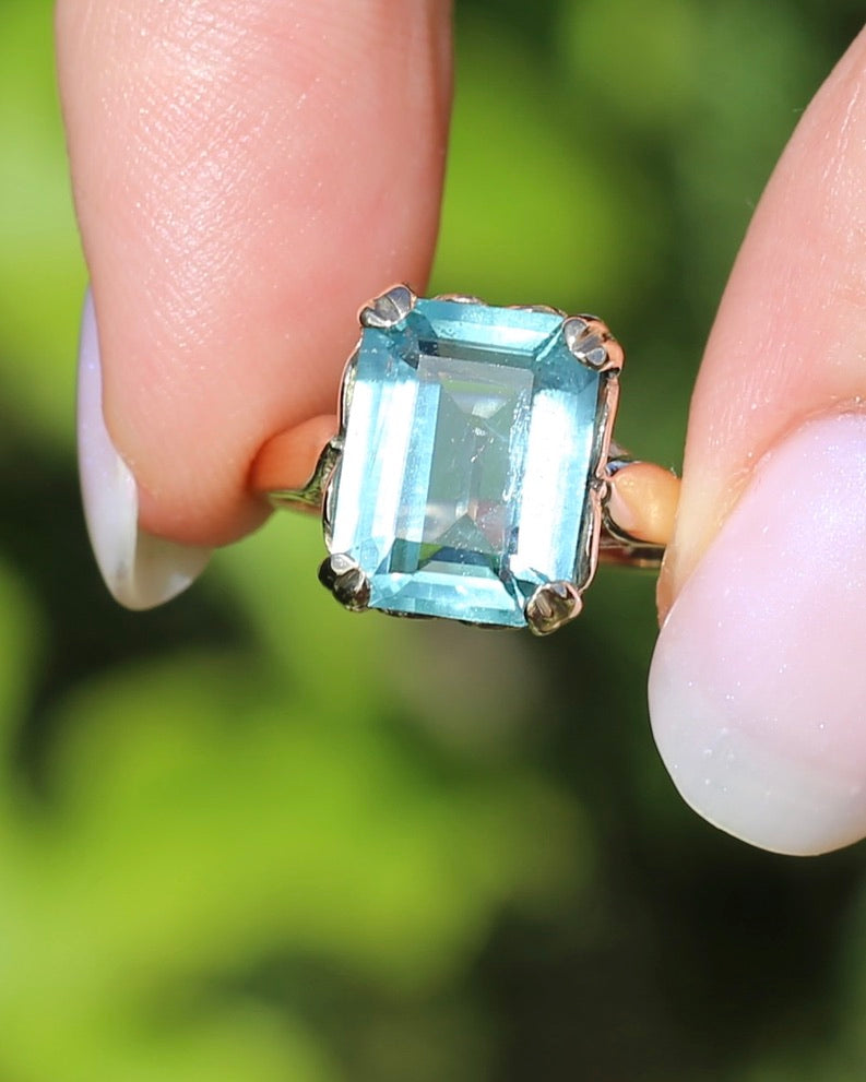 Second Glance - Natural 4.3ct Emerald Cut Aquamarine in Vintage 1963 London Made Ring, 9ct Yellow Gold, size K1/2 or 5.5, 3.04g