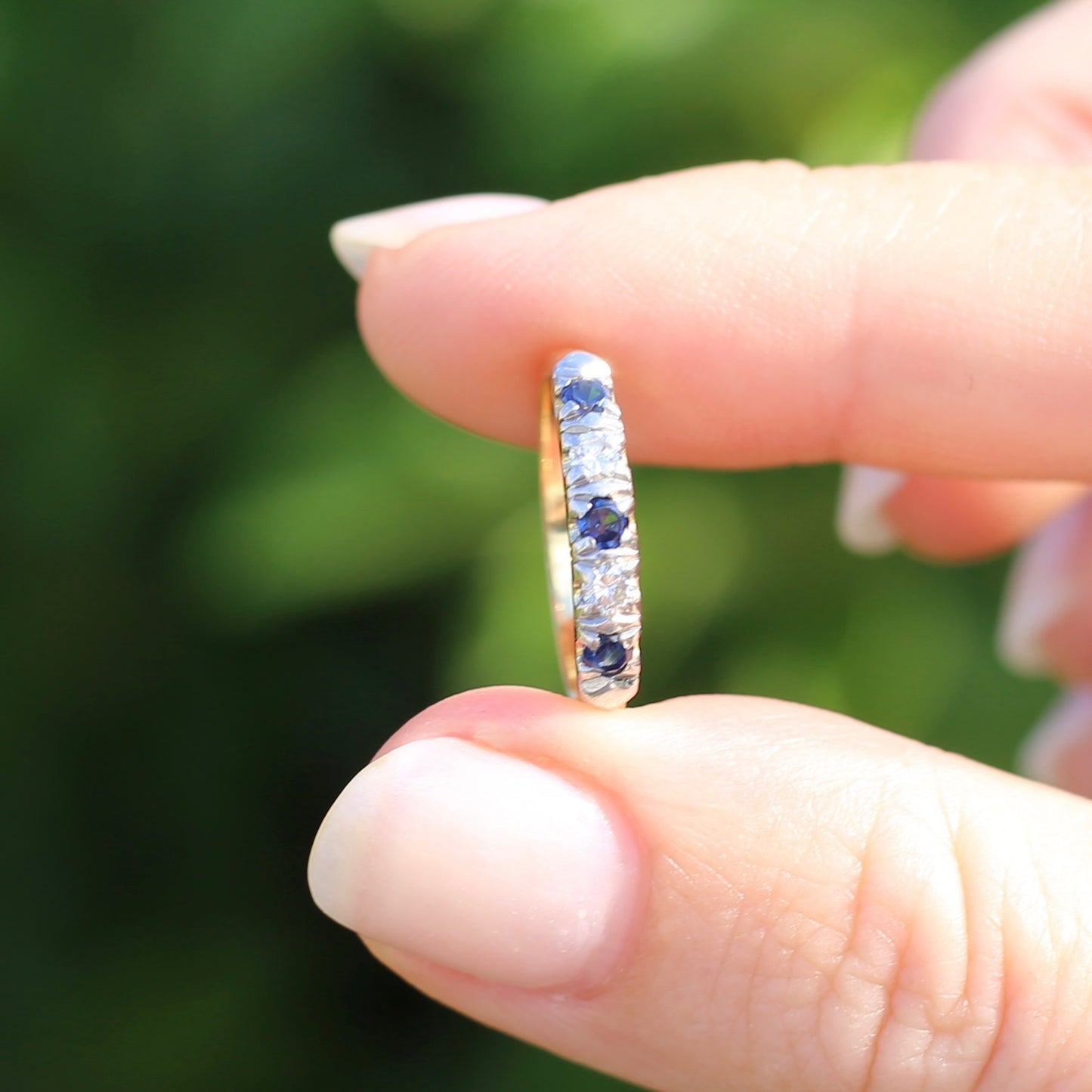 5 Stone Sapphire and Diamond Half Hoop, 18ct White and Yellow Gold, size M or 6.25