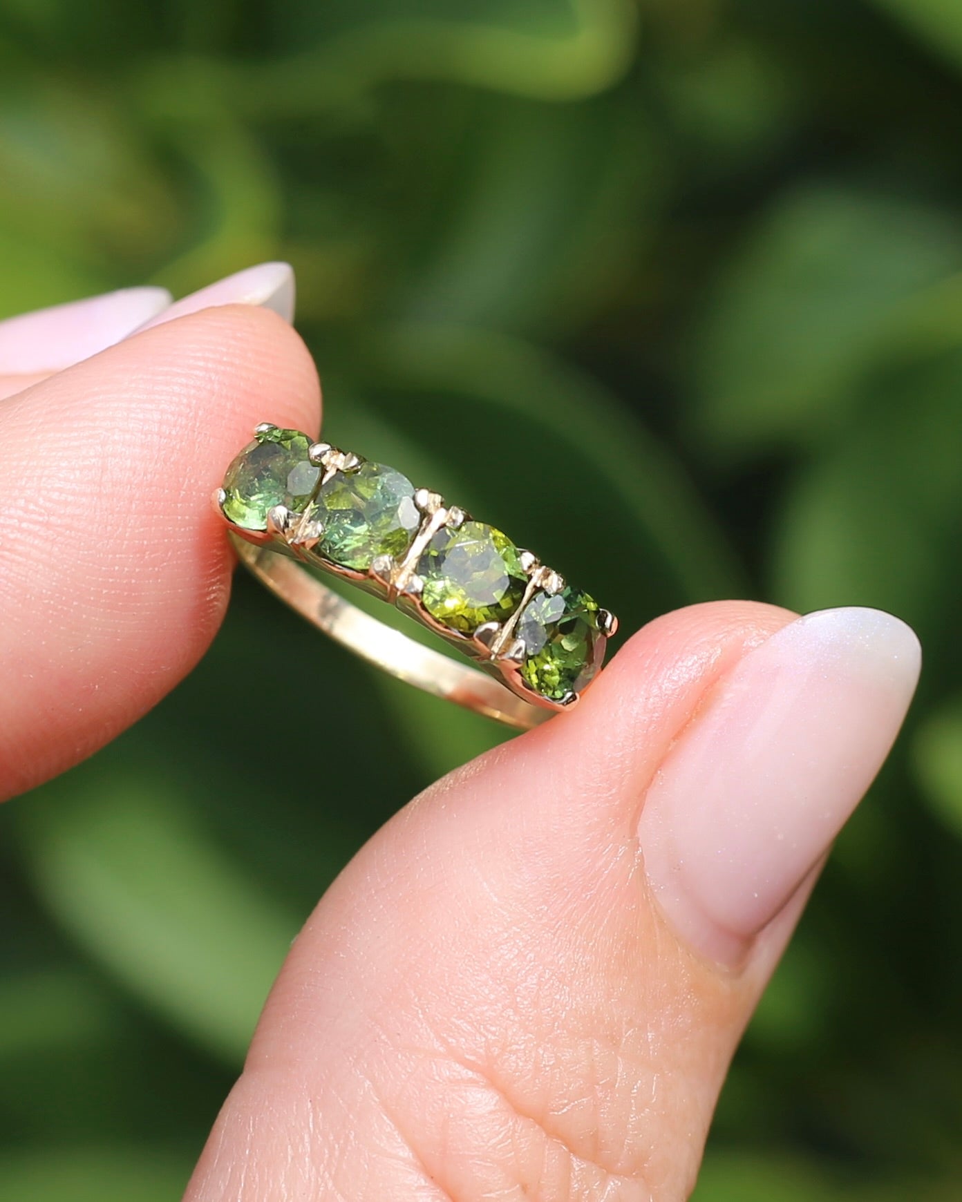 1.75ct Four Stone Natural Green Tourmaline Ring, 9ct Yellow Gold, size N1/2 or just over 6.75, 2.37g