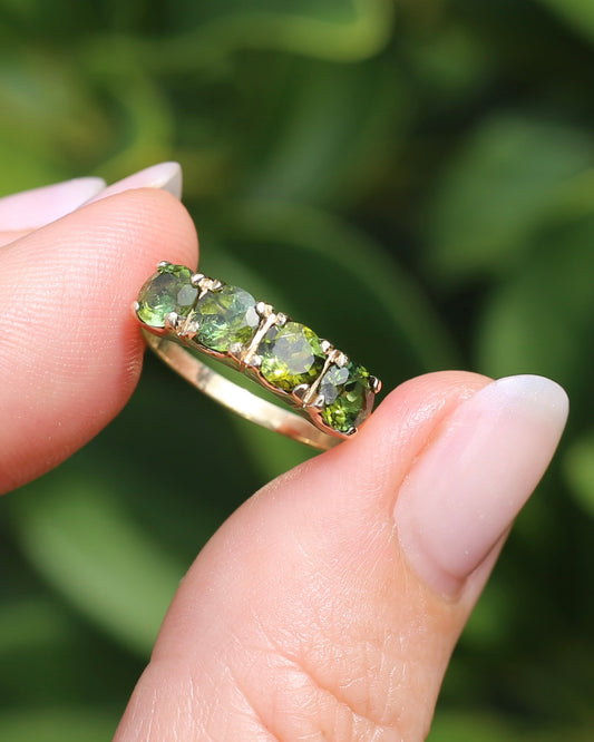 1.75ct Four Stone Natural Green Tourmaline Ring, 9ct Yellow Gold, size N1/2 or just over 6.75, 2.37g