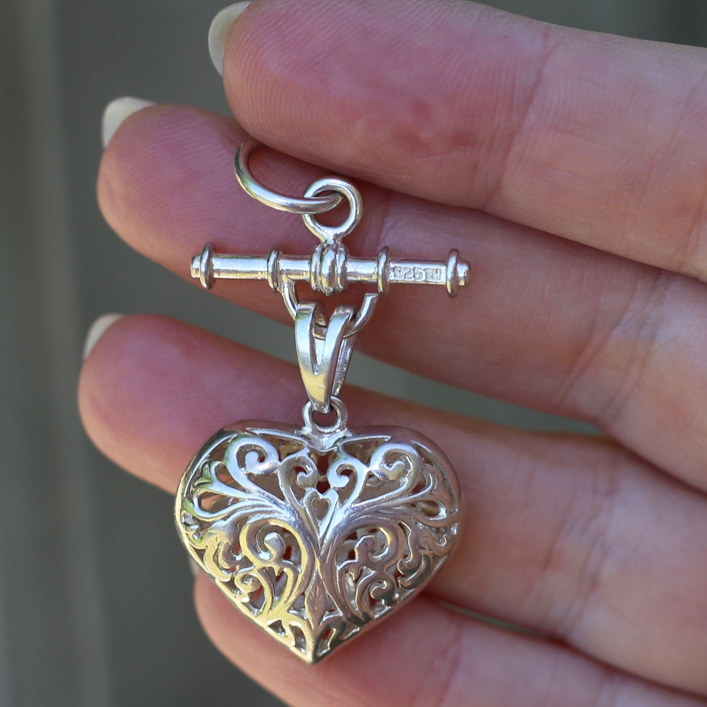 Modern Filigree Heart Fob with T-bar, 7.79g