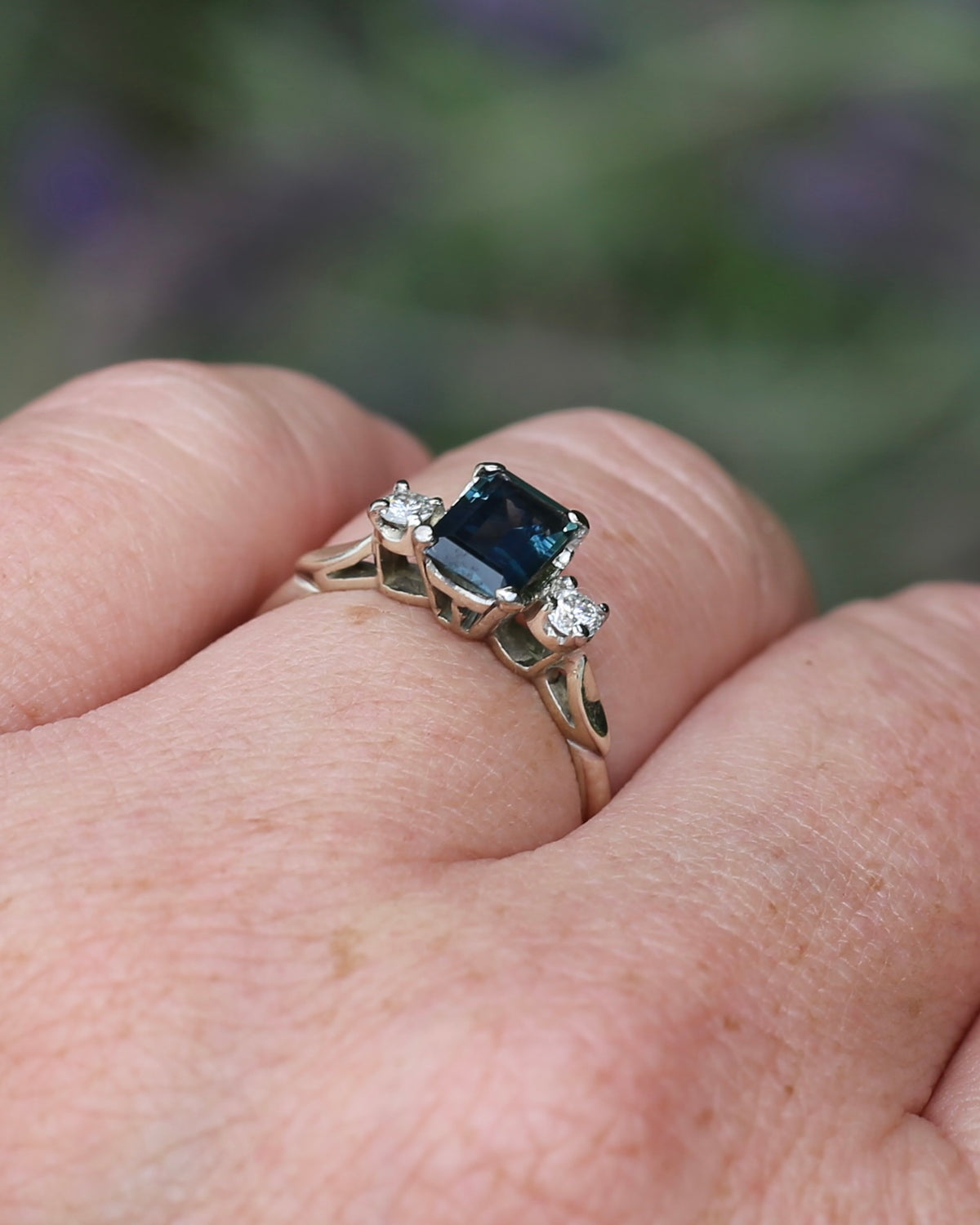 1.1ct Emerald Cut Natural Blue Teal Sapphire and Diamond Trilogy, 18ct White Gold and Platinum, size O or just over 7, 2.27g