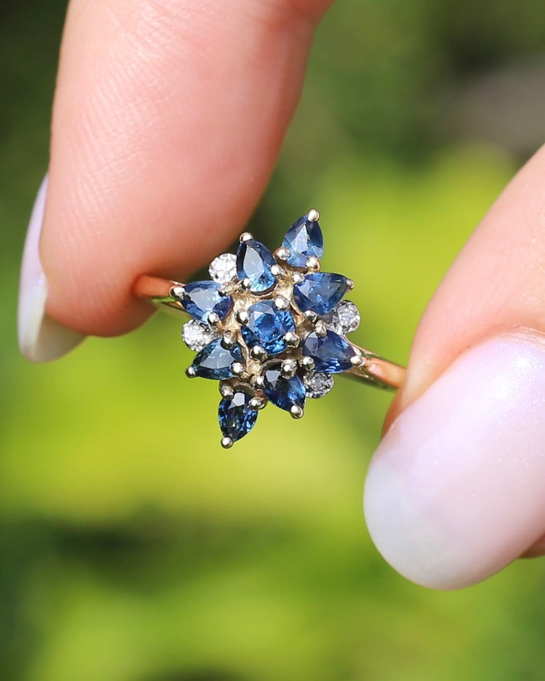 Vintage Blue Sapphire and Diamond Cluster Ring, 9ct Yellow Gold, size N or 6.75, 2.34g
