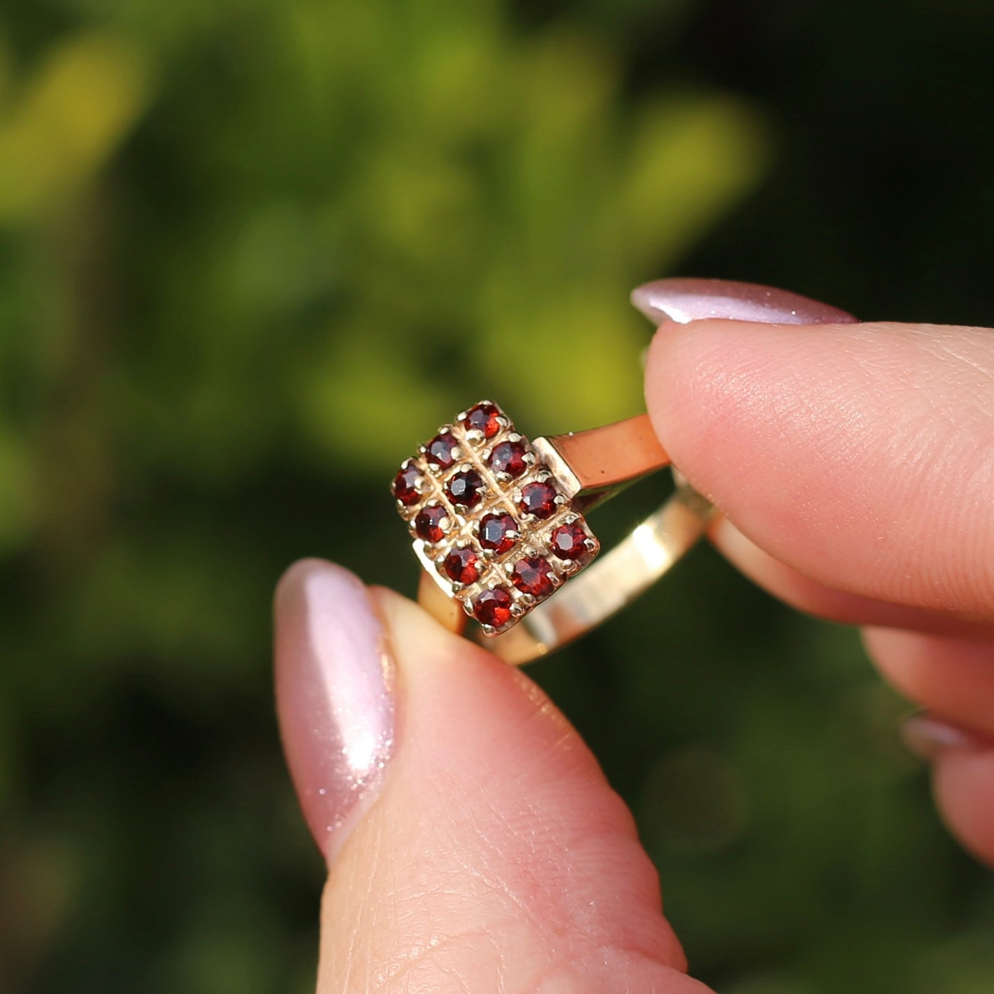 Old Cut 12 Stone Garnet Checkerboard Ring, size P or 7.75