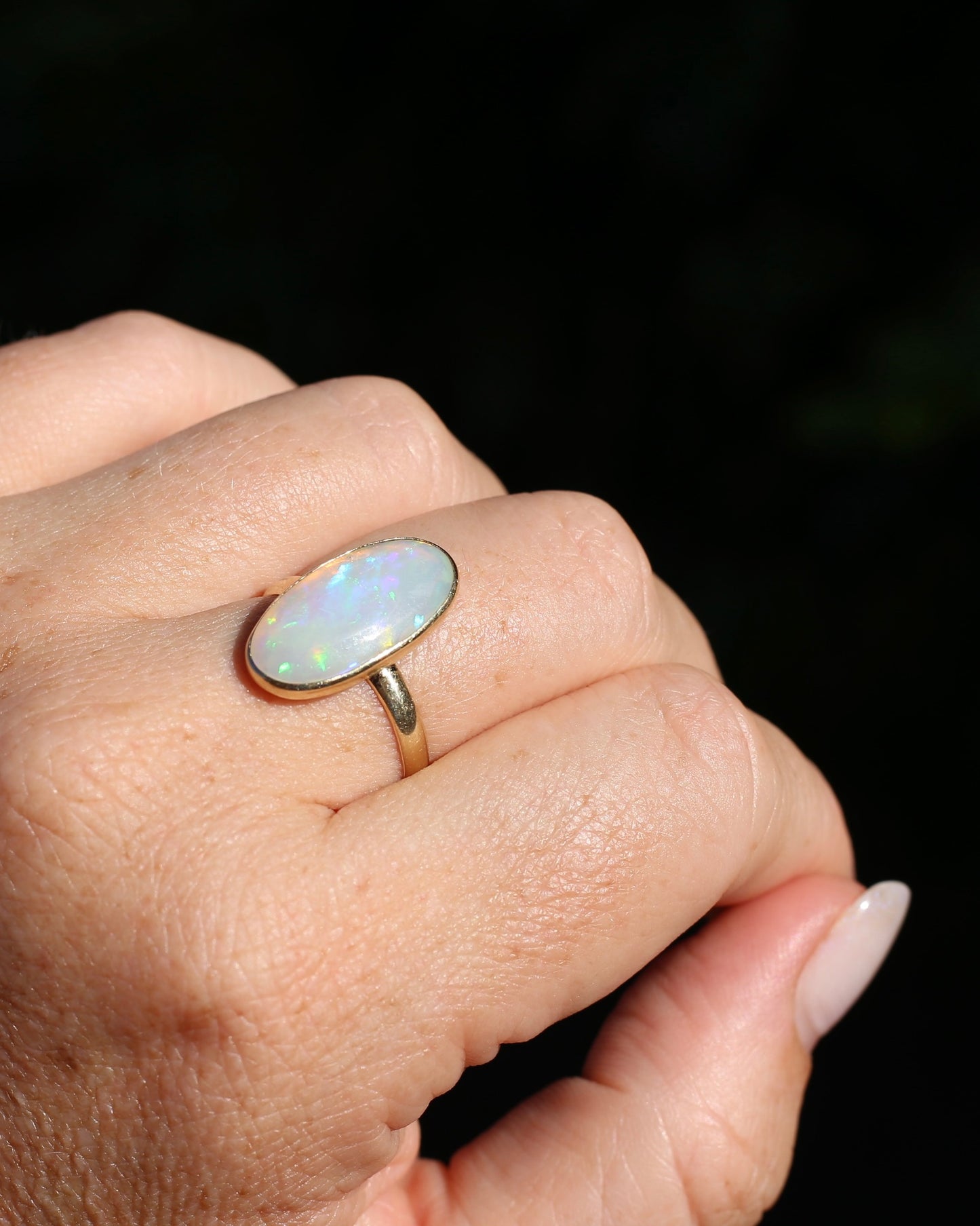 Crystal Opal Cabochon, Low Profile, in Bezel Set 9ct Yellow Gold, size T1/2 or 9.75