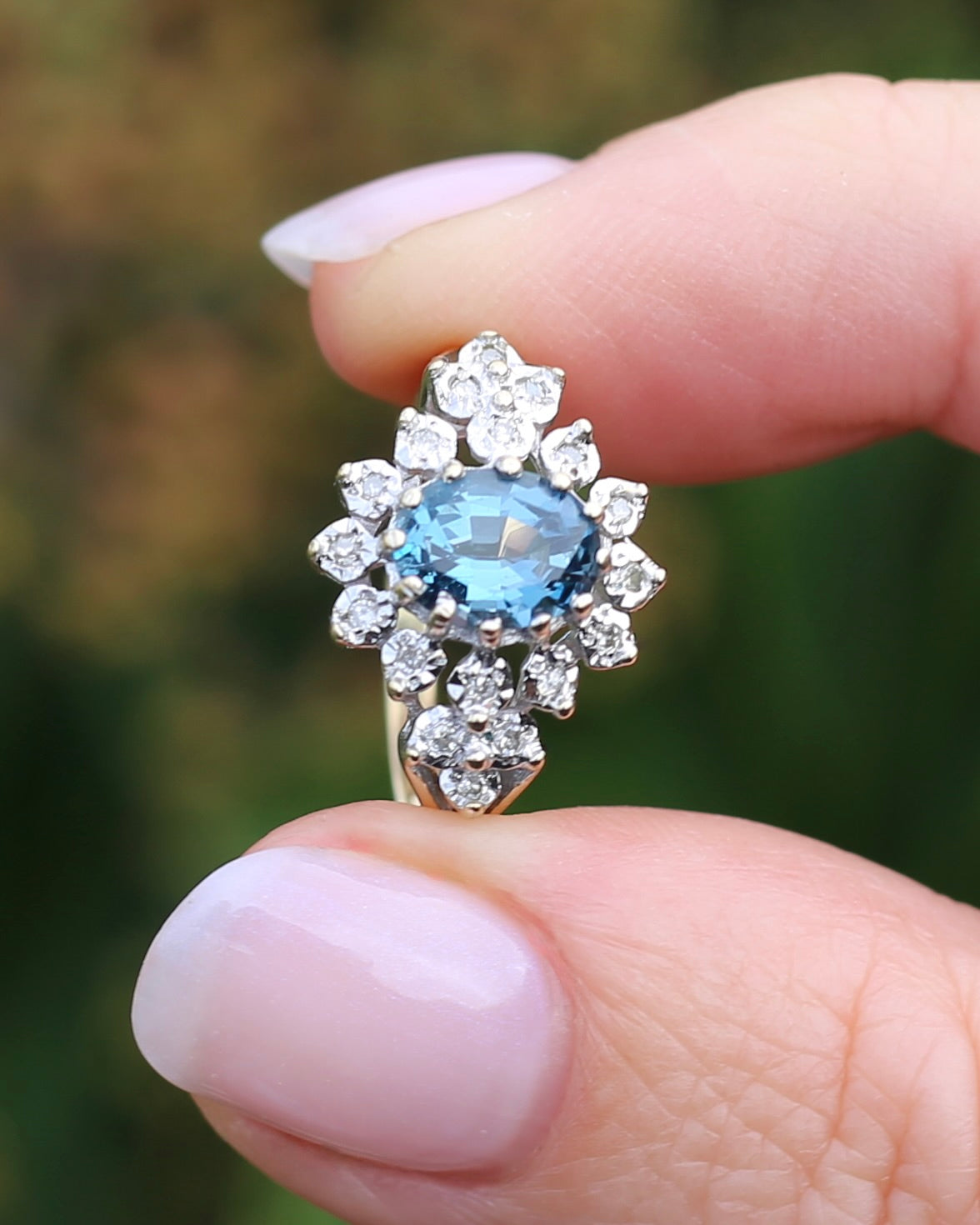 1989 Blue Zircon and Diamond Halo Ring, 9ct Yellow and White Gold, size N1/2 or 7, 3.18g