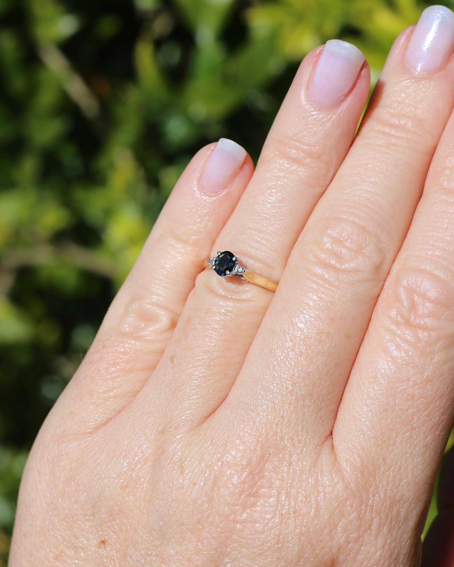 Dark Australian Sapphire and Diamond Dainty Trilogy, 9ct Yellow and White Gold, M1/2 or 6.5, 1.75g