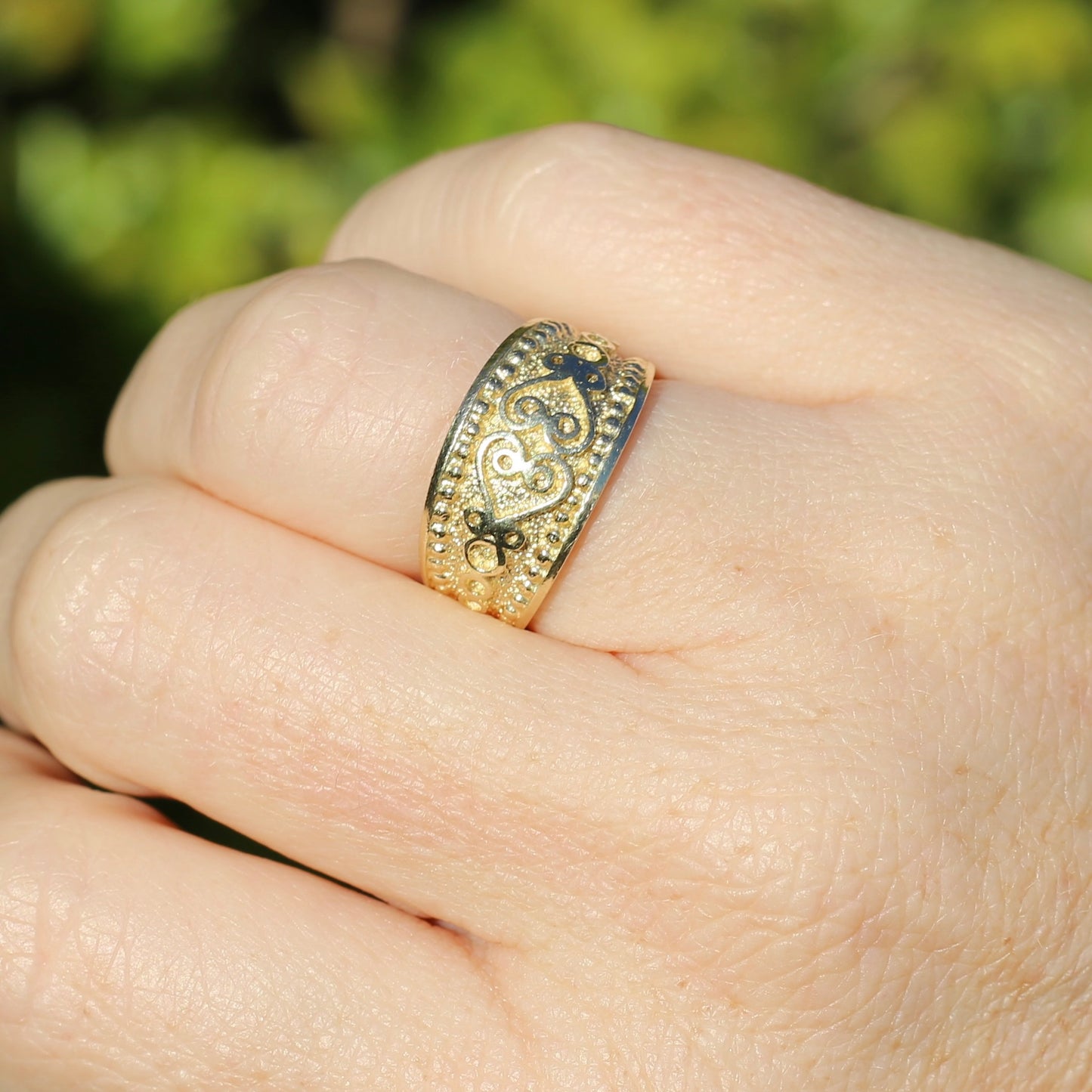 Chunky Embossed Decorative Wide Gold Ring, 14ct Yellow Gold, size N1/2 or 7