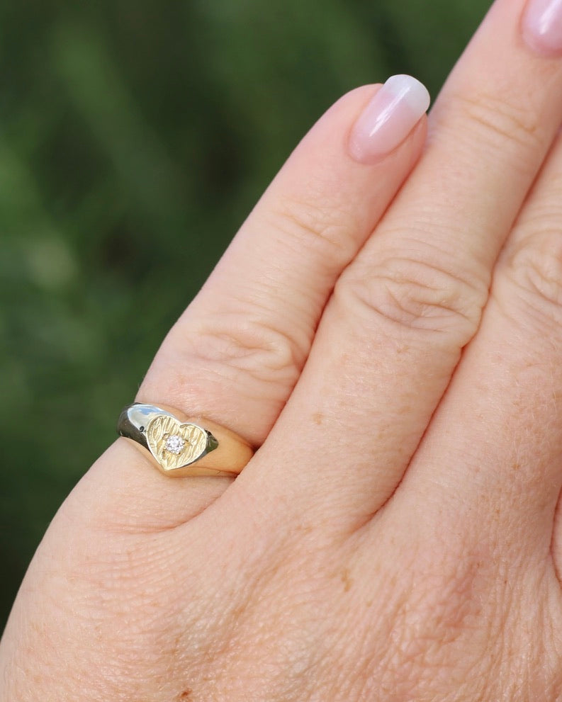 ON HOLD 1979 London Made Old Cut Diamond Heart Signet Ring, 9ct Yellow Gold, size J1/2 or 5, 2.48g