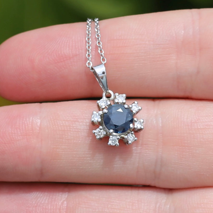 1.15ct Sapphire and Diamond Pendant, 14ct White Gold, with 9ct White Gold Chain