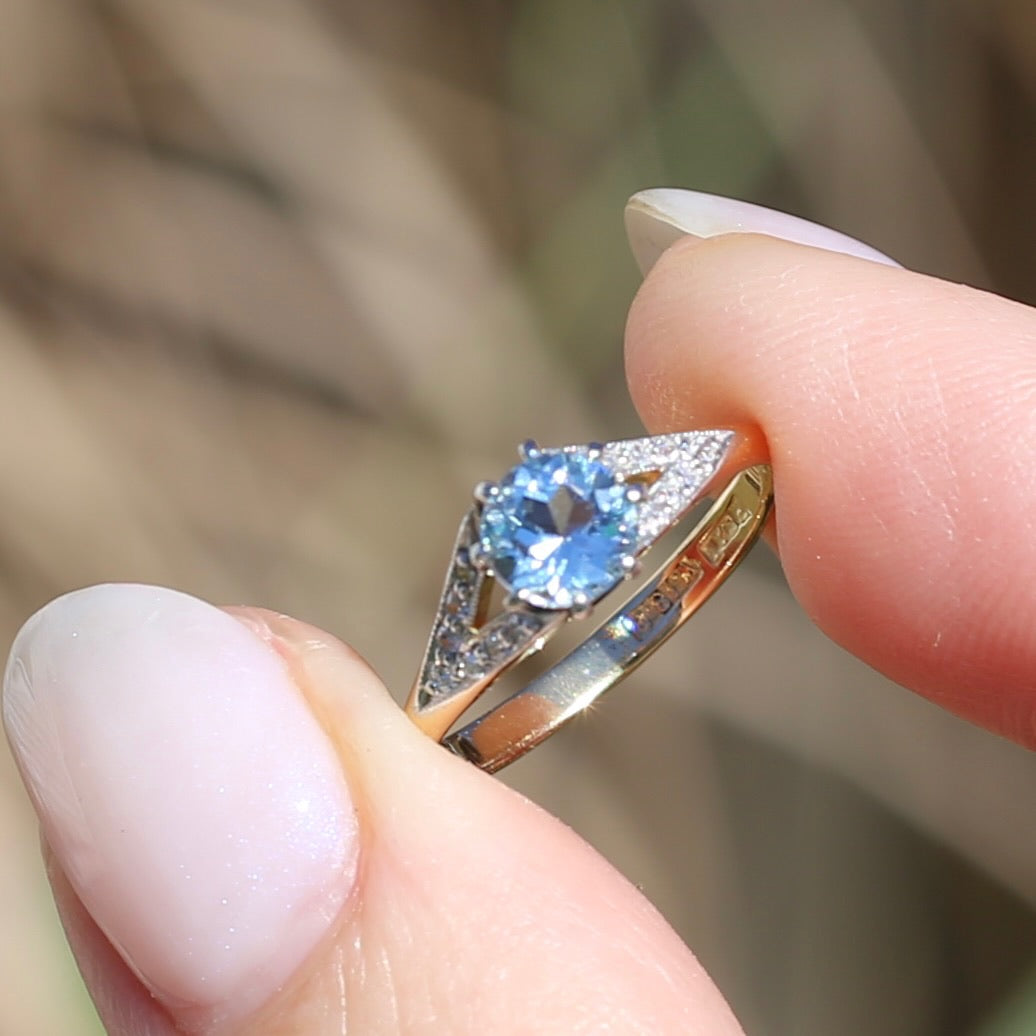 Pristine Early Australian 1930s Dunklings Blue Zircon & Diamond RIng, size L or just over 5.5