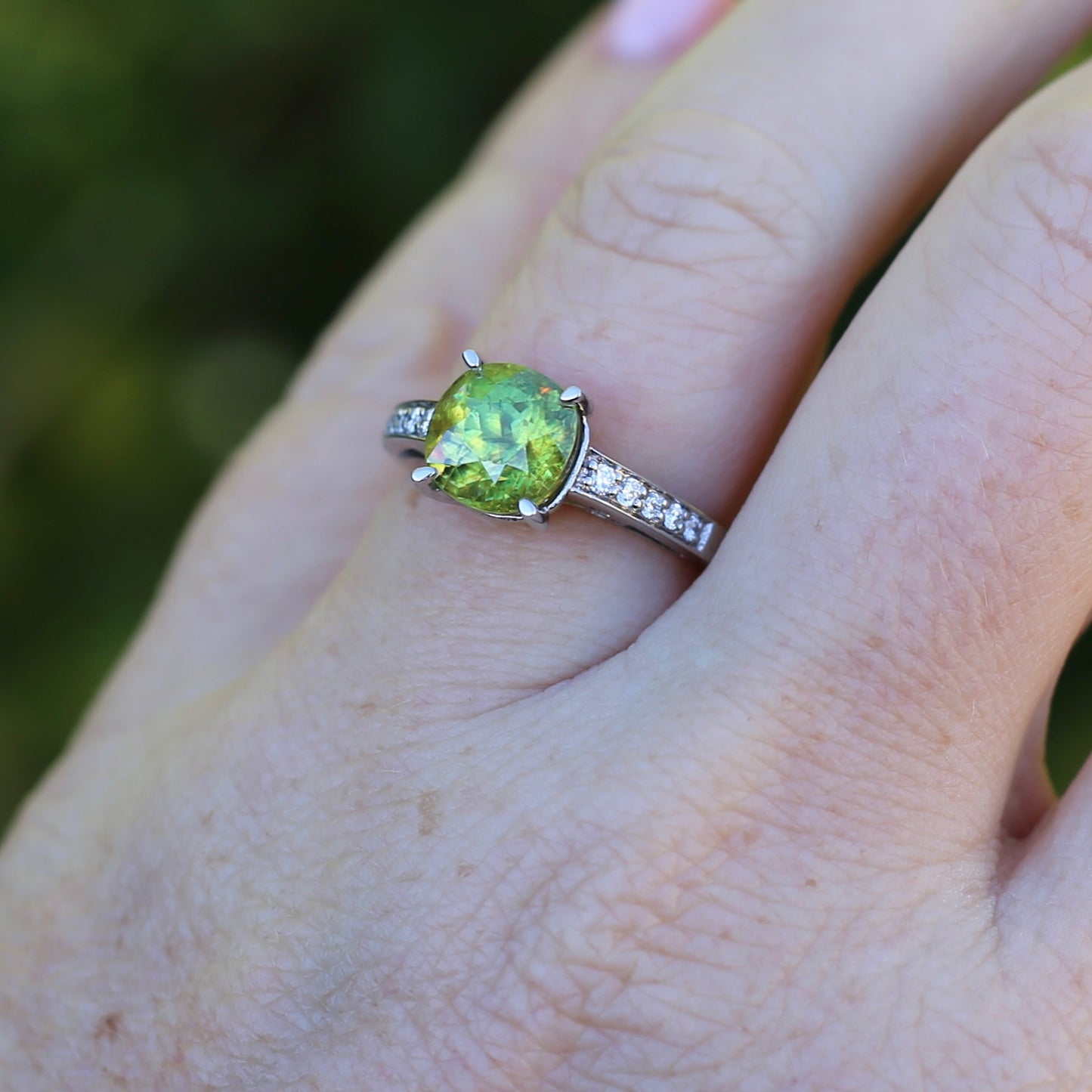 4.11ct Green Zircon and Diamond Ring, 14ct White Gold, size N1/2 or 7, with valuation