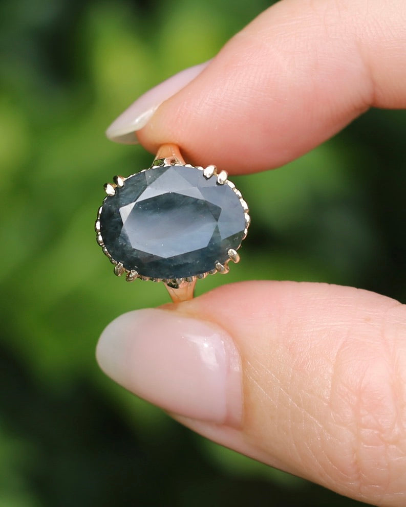 8.4ct Opaque Blue Sapphire, in Four Double Claw Filigree 9ct Yellow Gold Ring, size J or 4.75, 3.53g