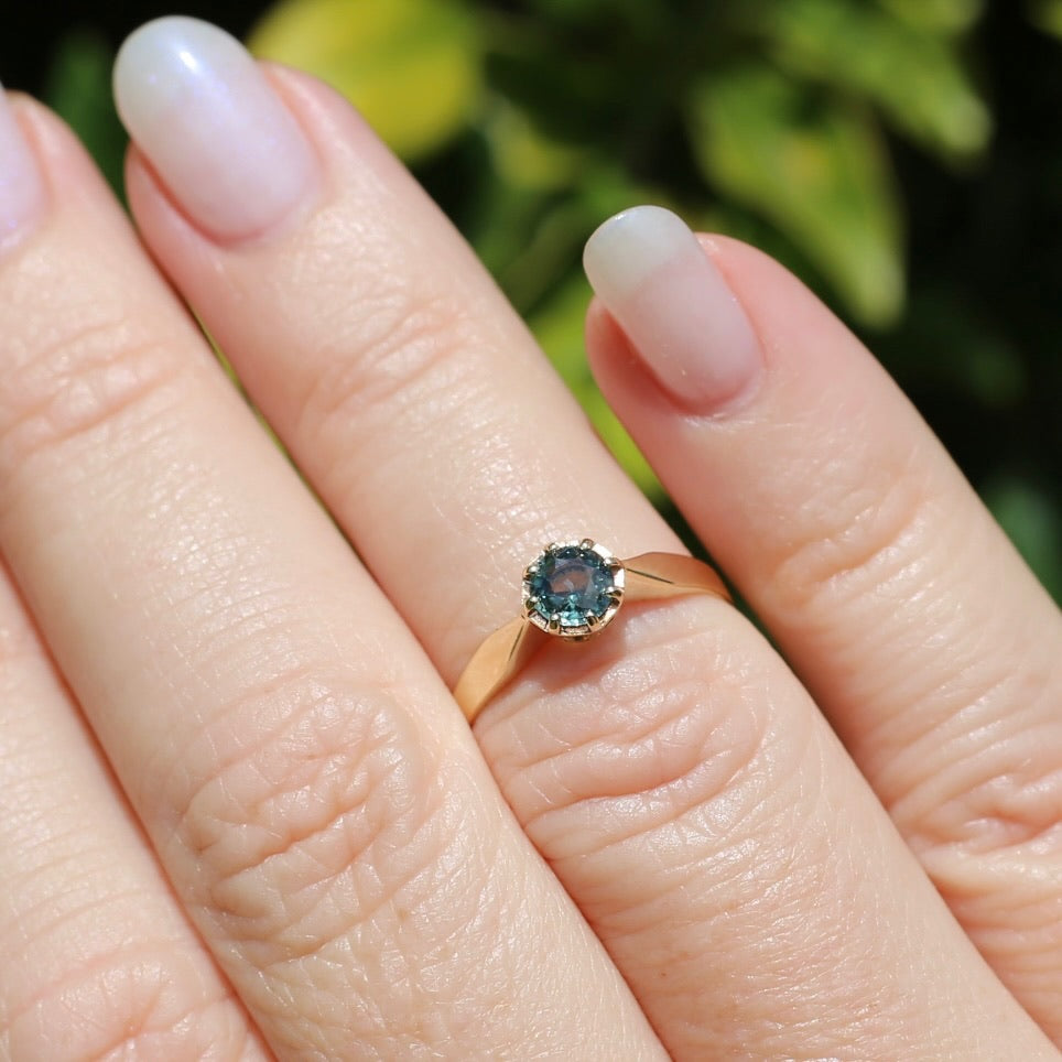 Seafoam Sapphire Solitaire in 8 Claw Setting, 9ct Yellow Gold, size L or just under 5.5