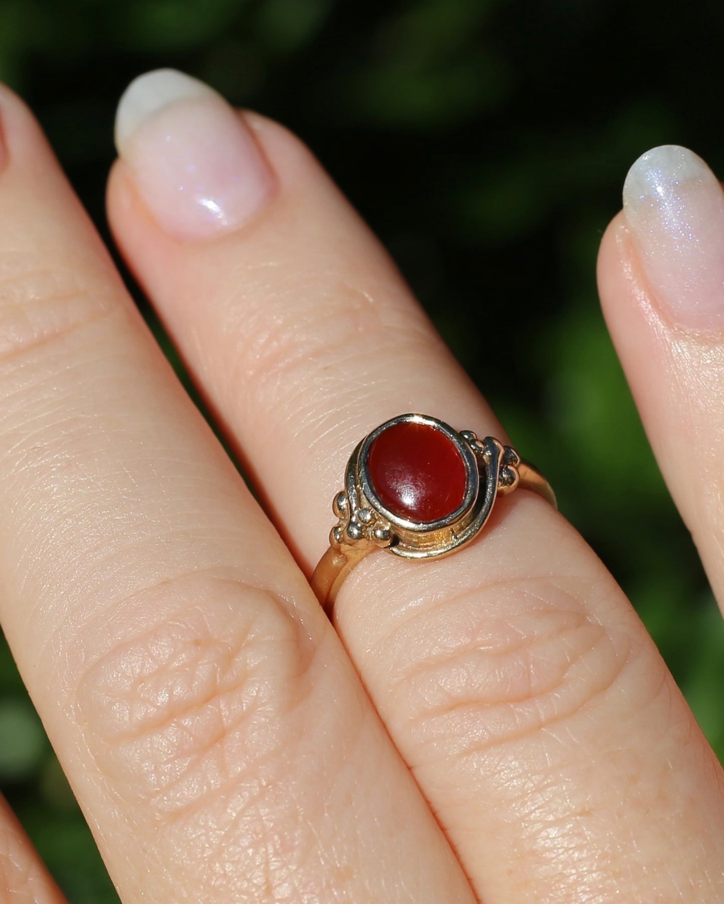 Bezel Set Carnelian Cabochon Signet Type Ring, 9ct Yellow Gold, size I1/2 or 4.5
