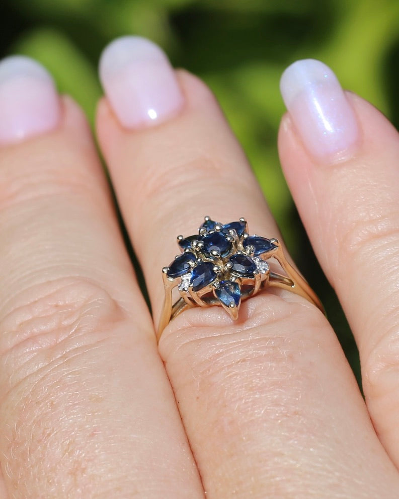 Vintage Blue Sapphire and Diamond Cluster Ring, 9ct Yellow Gold, size N or 6.75, 2.34g