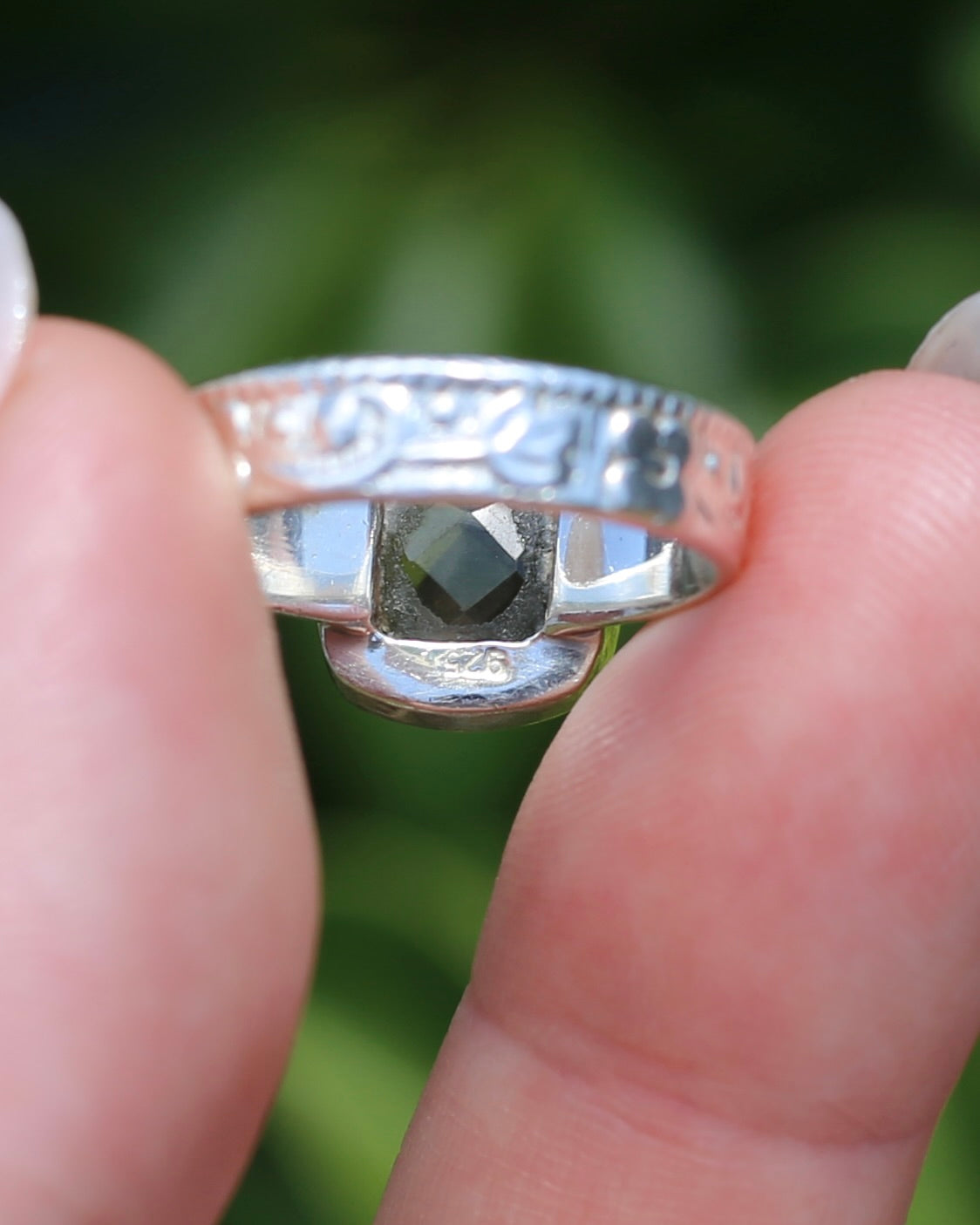 Harlequin Cut Smoky Quartz in Bezel Frame, Sterling Silver, 4.7g, size P1/2 or 8 - fits more like an O-O1/2