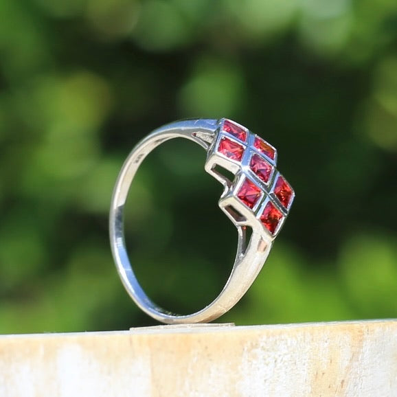 Modern Princess Cut Checkerboard Ruby Ring, 9ct White Gold, size Q or 8.25