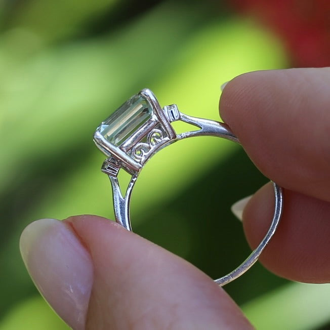 Emerald Cut Prasiolite and Diamond Ring, 9ct White Gold, size P or 7.75