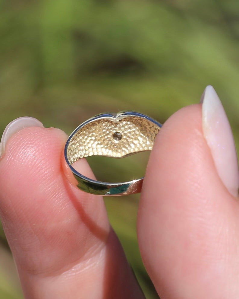 ON HOLD 1979 London Made Old Cut Diamond Heart Signet Ring, 9ct Yellow Gold, size J1/2 or 5, 2.48g