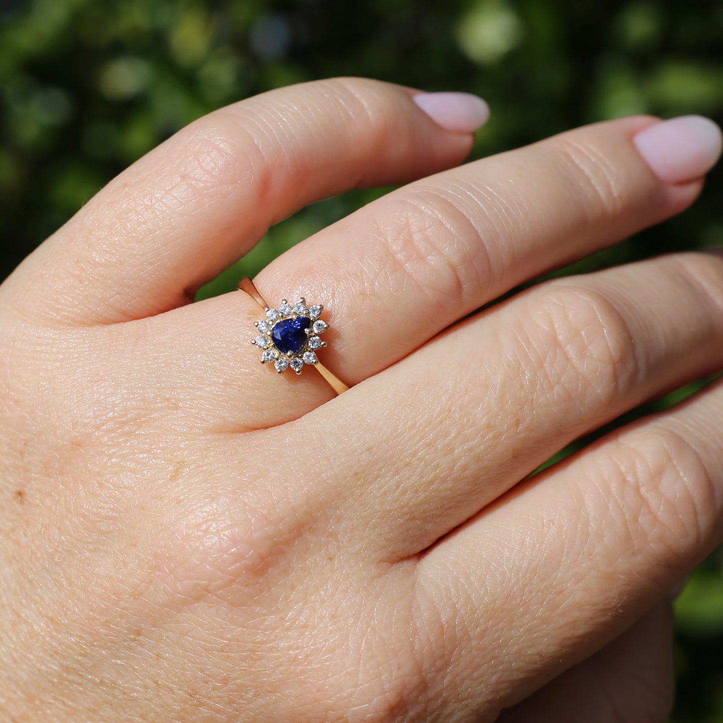 Pear Shaped Sapphire with Halo, 14ct and 18ct Yellow Gold, size 7 or just under O