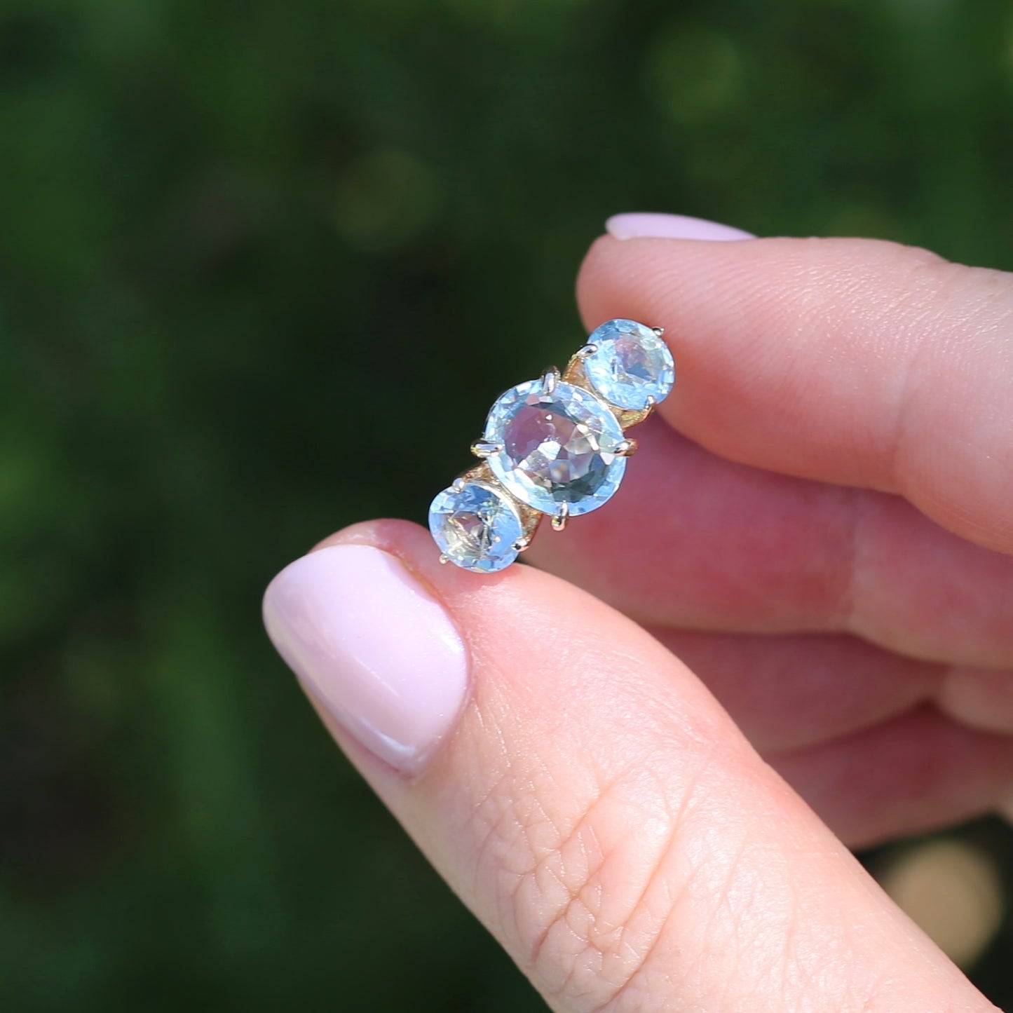 Natural Aquamarine Trilogy with Grain Set Diamond Shoulders, 9ct Yellow Gold, size 6.5 or M1/2