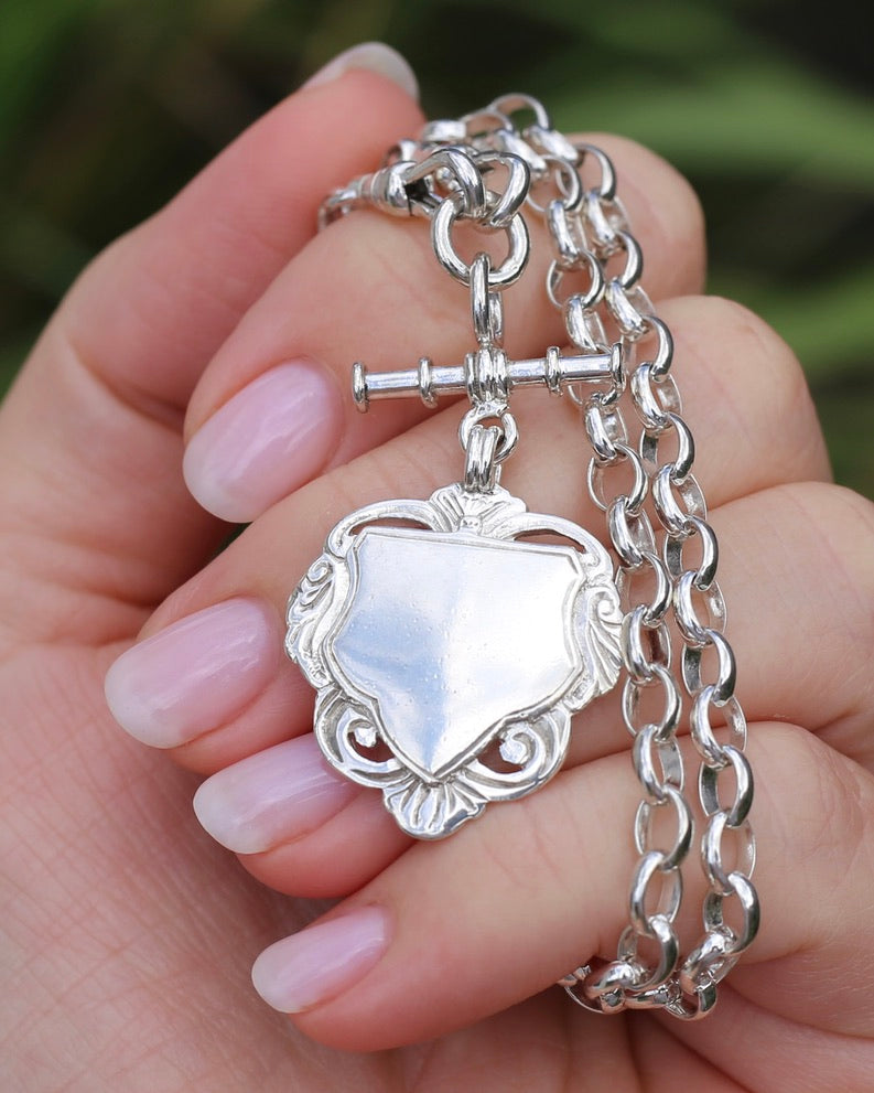 Vintage (likely Australian) Belcher Chain With Double Swivel Albert Clasps, T-bar and Fob, Sterling Silver, 47cm or 18.5 inches, 22.9g