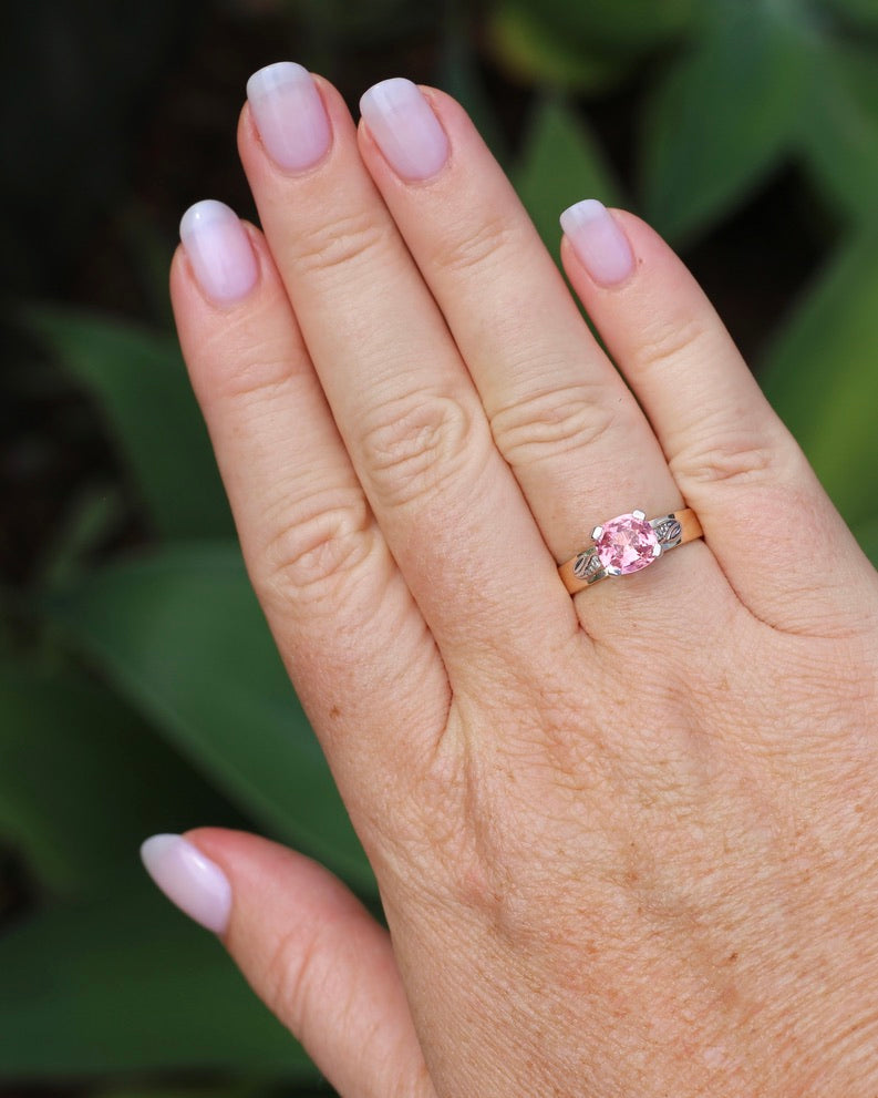 1.62ct Natural Pink Tourmaline in 1970s Mixed Metal Setting with Diamond Side Stones, size P or 7.5, 4.34g