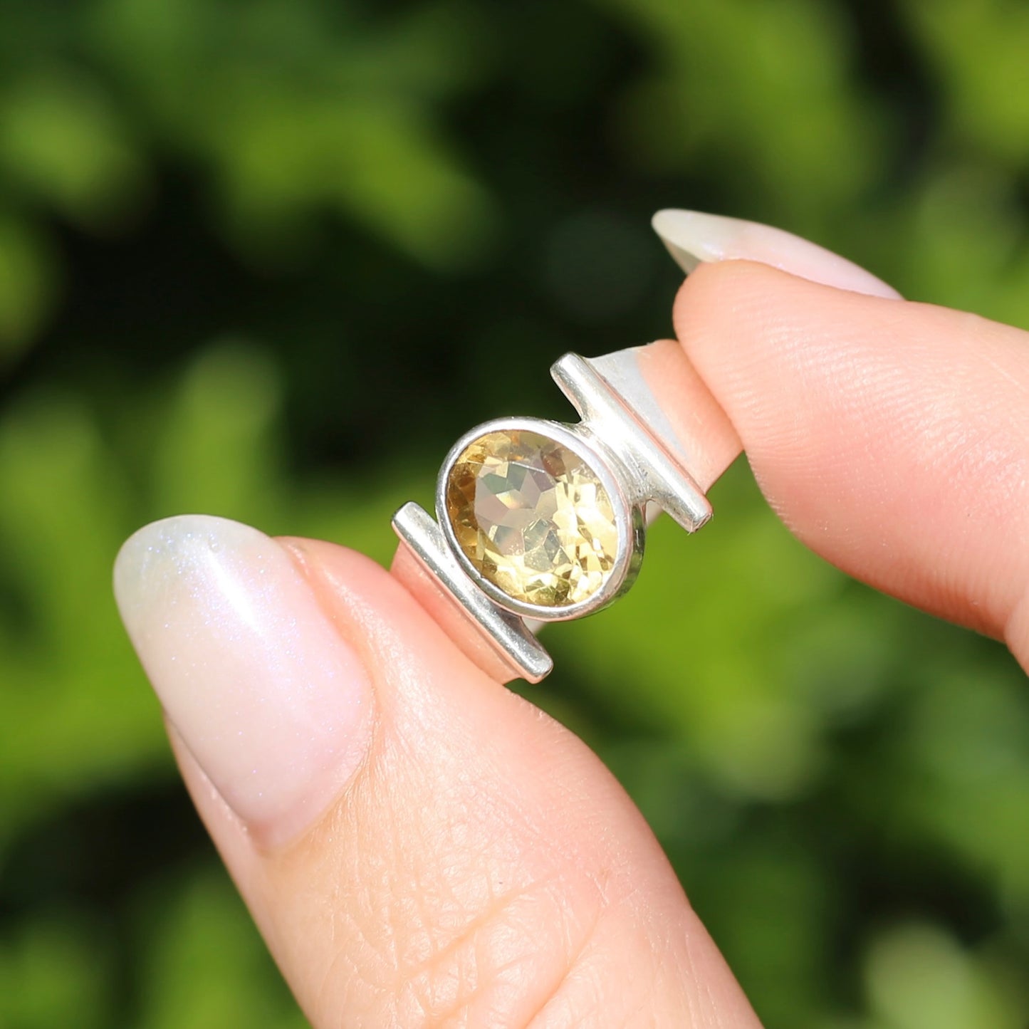 Bezel Set Oval Citrine Ring with Bar Shoulders, Sterling Silver, fits like size R