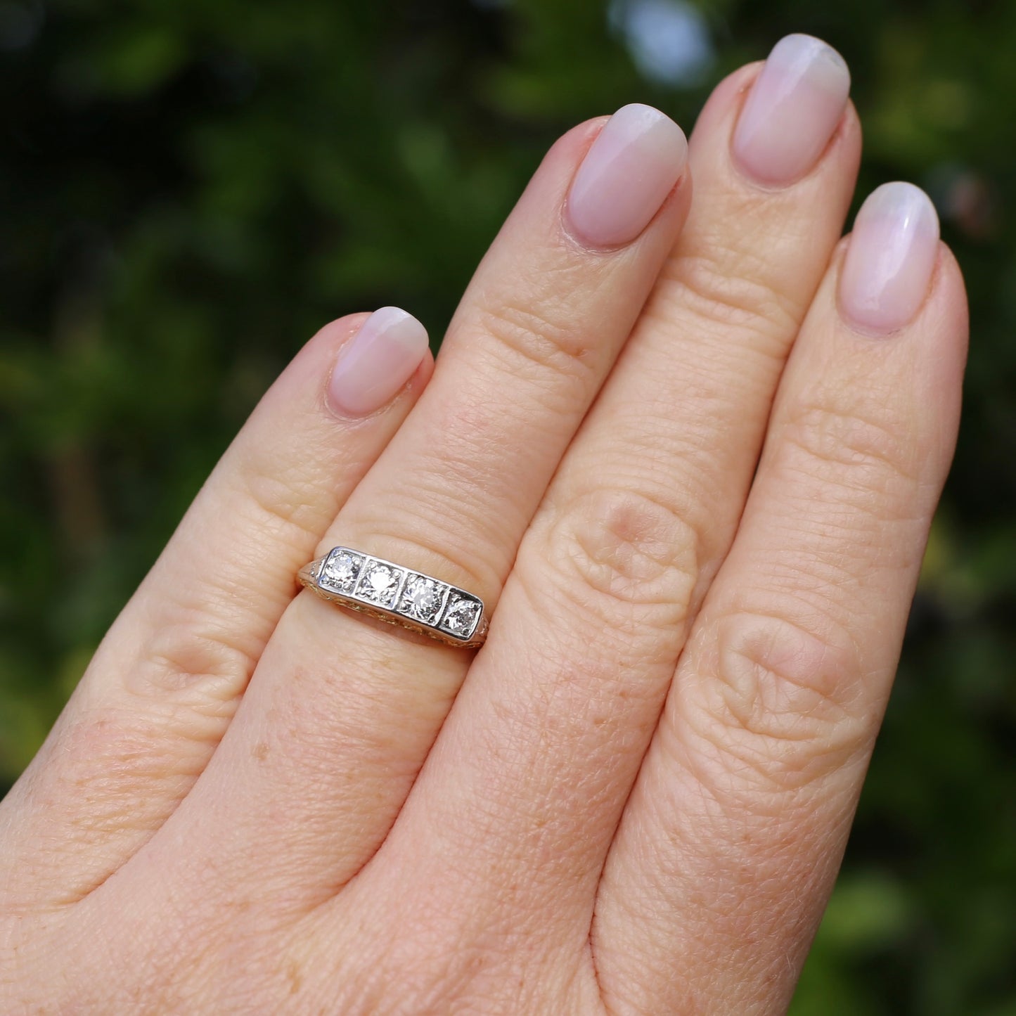 1930s 4 Stone Transitional Cut Diamond Mixed Metal Ring, 18ct Yellow Gold & Platinum, size M or just bigger than 6