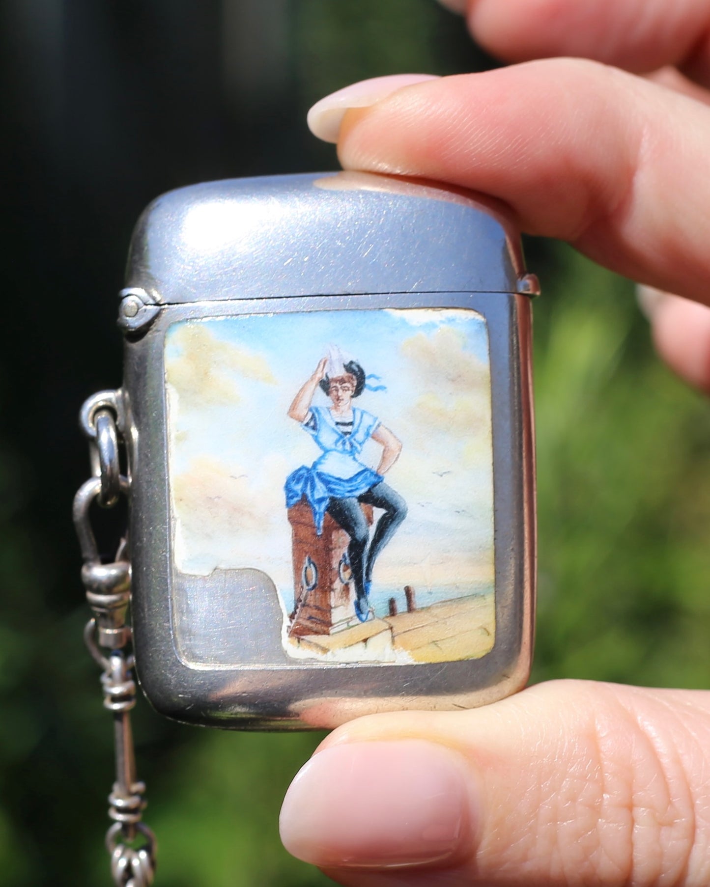 Antique 1896 Vesta Case featuring Enamel Sailor Girl, Sterling Silver, 39g