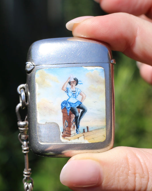 Antique 1896 Vesta Case featuring Enamel Sailor Girl, Sterling Silver, 39g