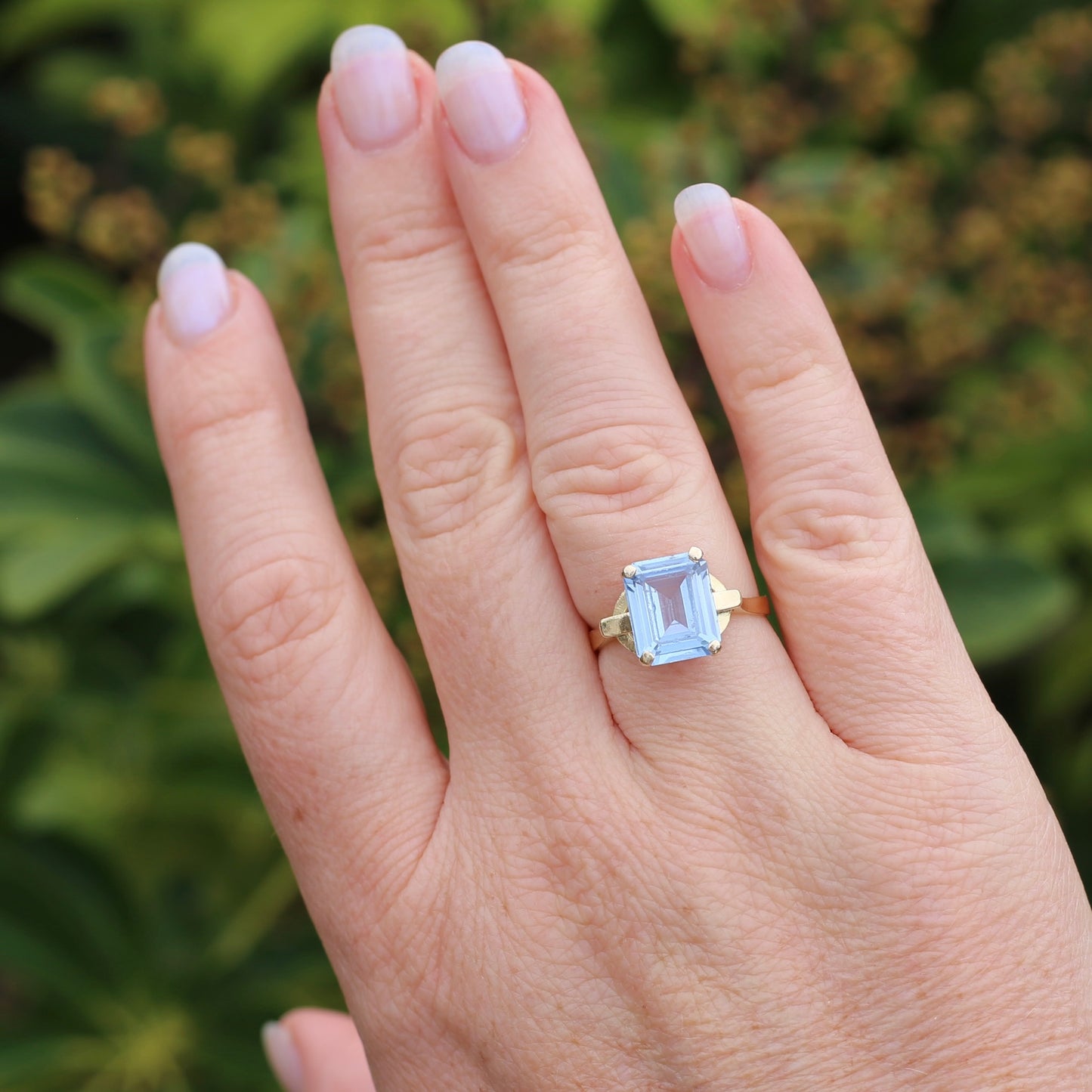 Emerald Cut Synthetic Blue Spinel in Gorgeous Art Deco Setting, 14ct Yellow Gold, size O or 7.25