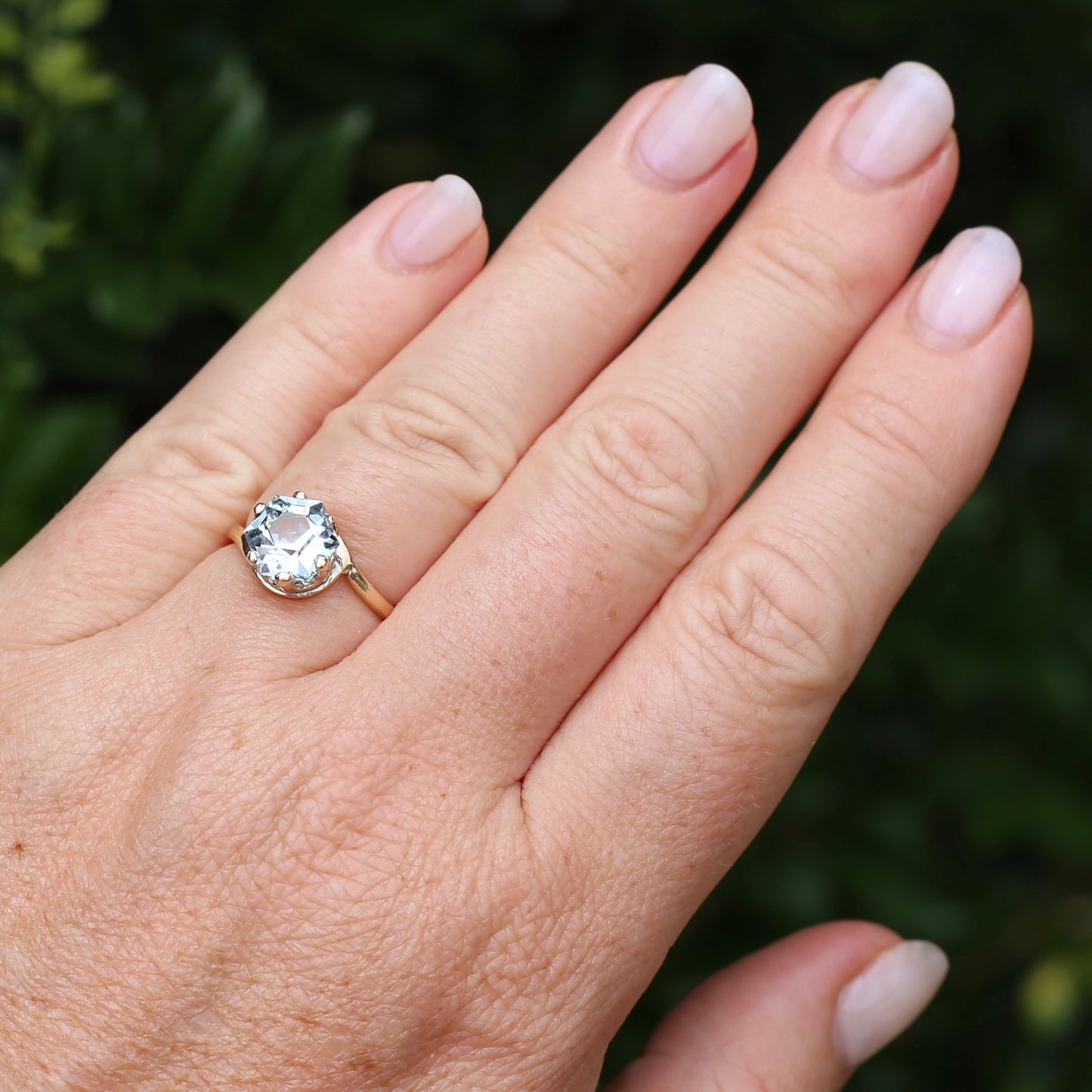 Fancy Hexagonal Cut Pale Blue Zircon Ring, 9ct Yellow Gold, size 7.5 or just over O1/2