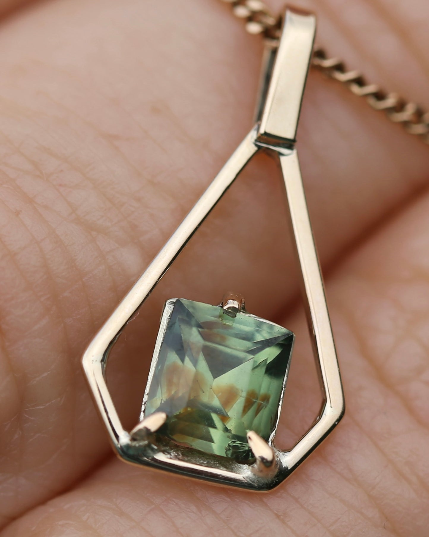 Modified Carre Cut Unheated Green Natural Sapphire in Handmade Vintage Pendant, 9ct Yellow Gold, 0.78g