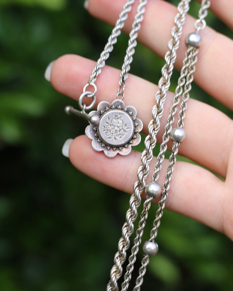 Antique 1896 Double Albertina Necklace with T-bar and Floral Pendant, Sterling Silver, 18.85g