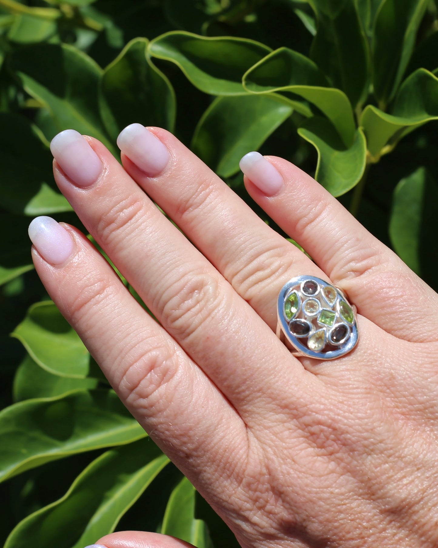 Peridot, Citrine and Smokey Quartz Bezel Set Ring, Sterling Silver, size P or 7.5, 8.27g