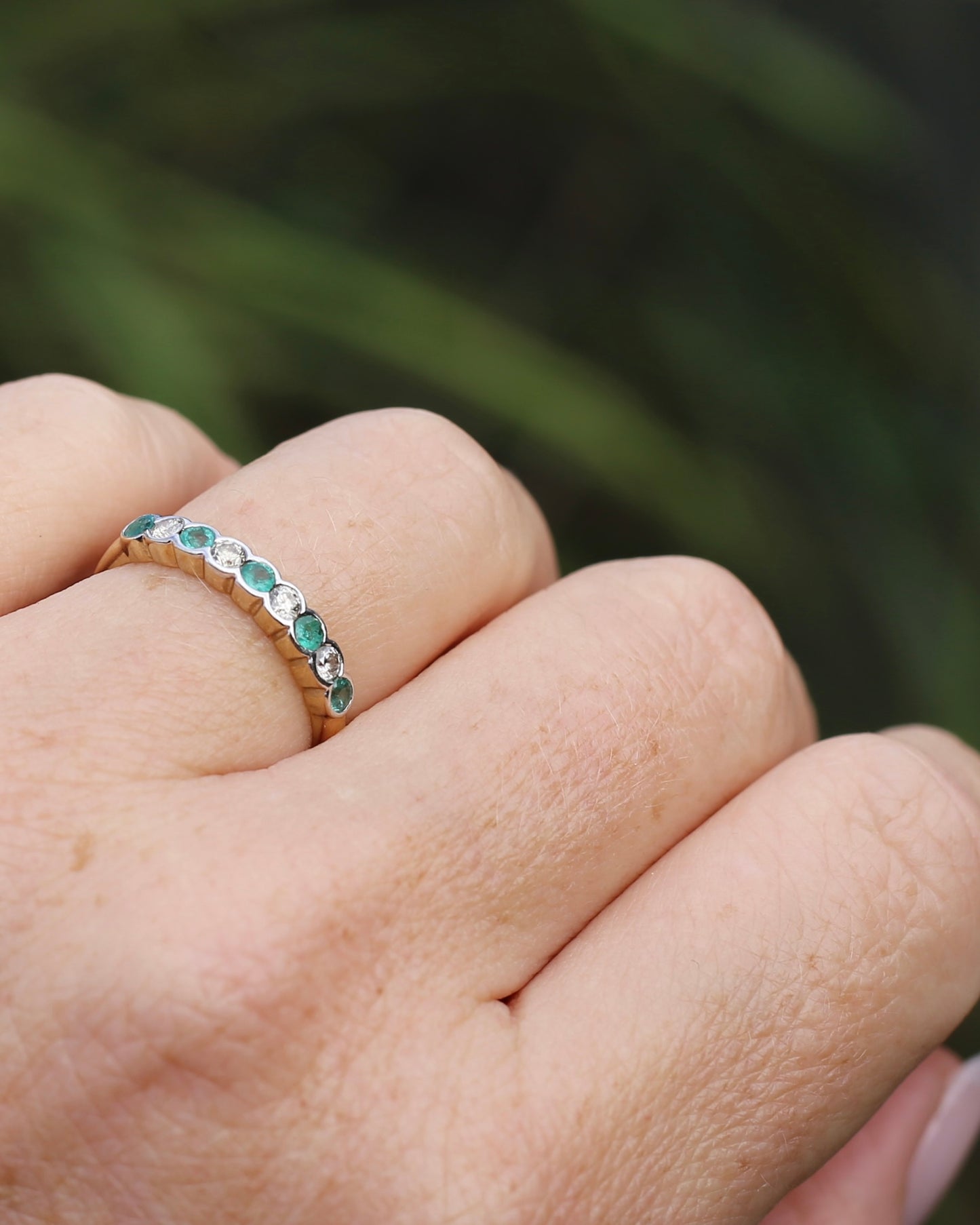 Natural Emerald and Diamond Half Hoop, 9ct Yellow and White Gold, size O or 7.25, 1.76g
