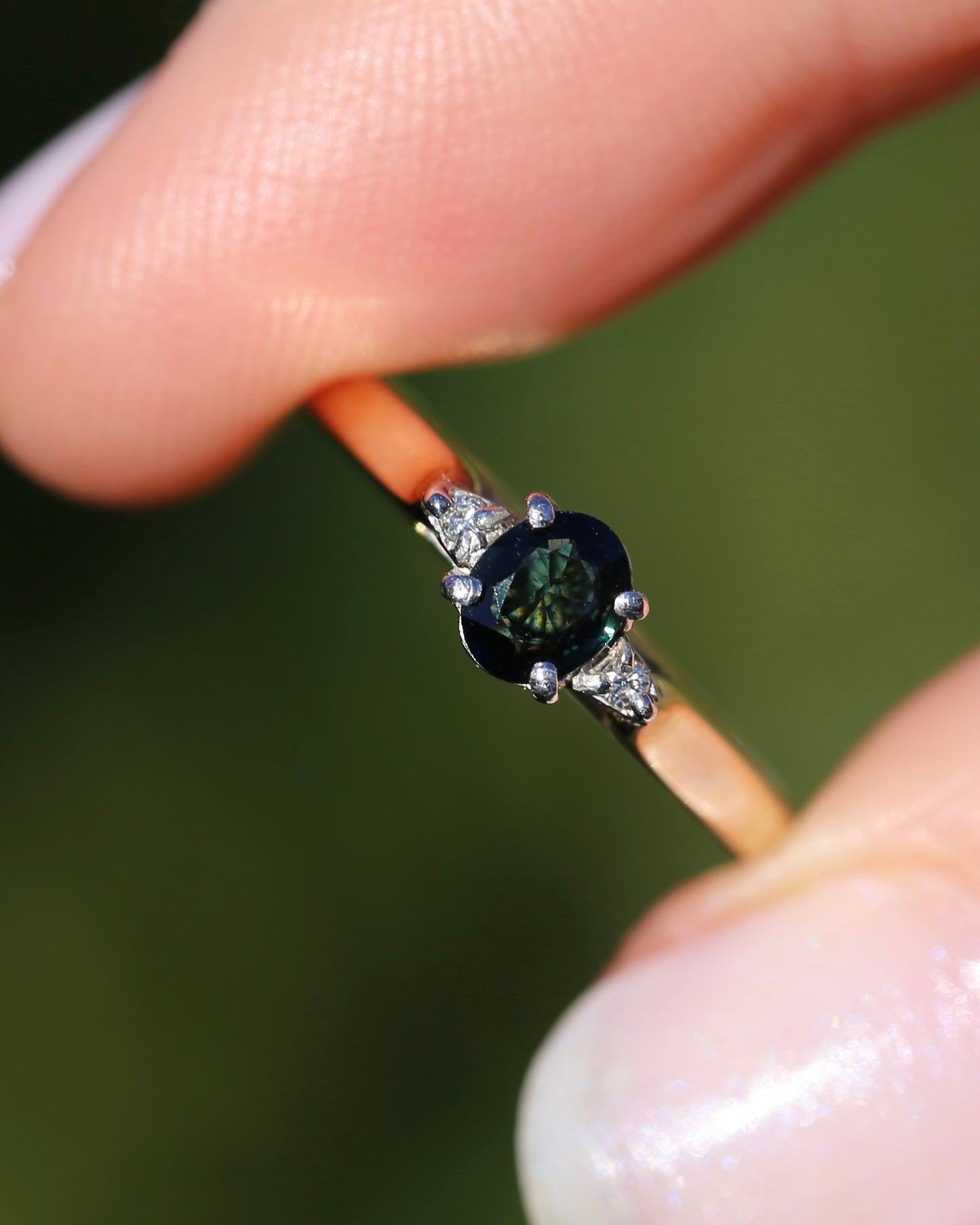 Dark Australian Sapphire and Diamond Dainty Trilogy, 9ct Yellow and White Gold, M1/2 or 6.5, 1.75g