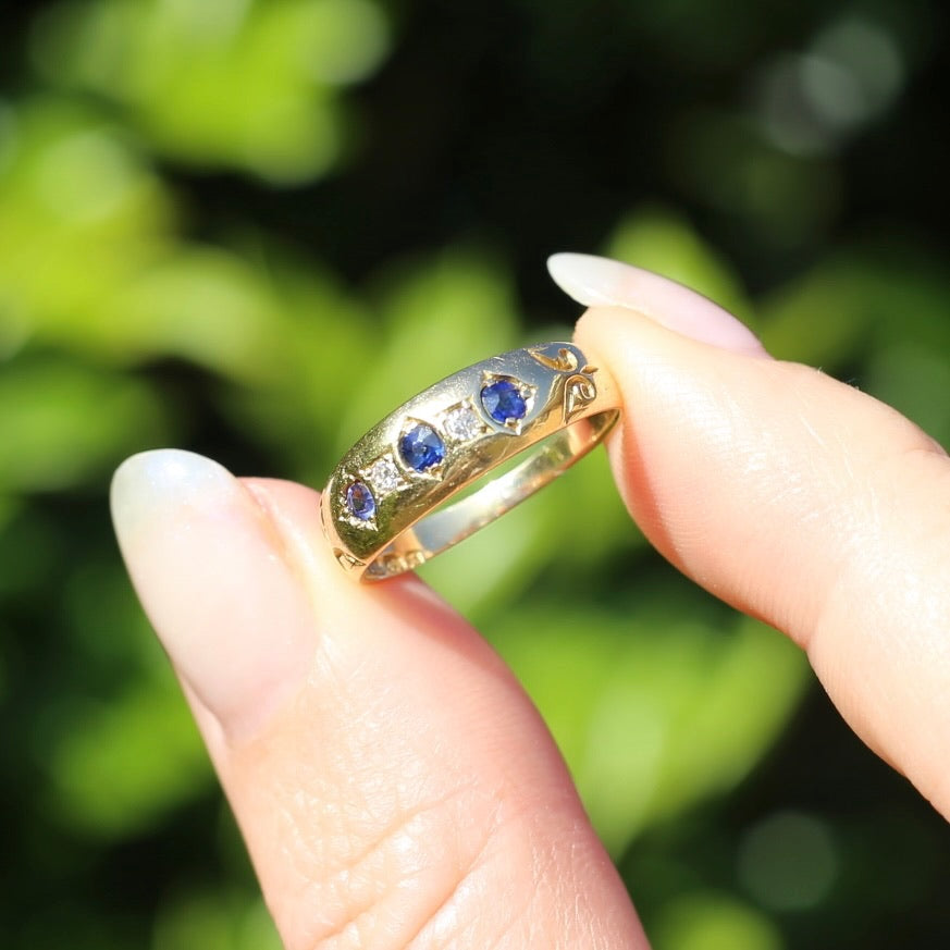 1897 Old Cut Sapphire and Diamond Five Stone Ring, 18ct Yellow Gold, size O or 7.25