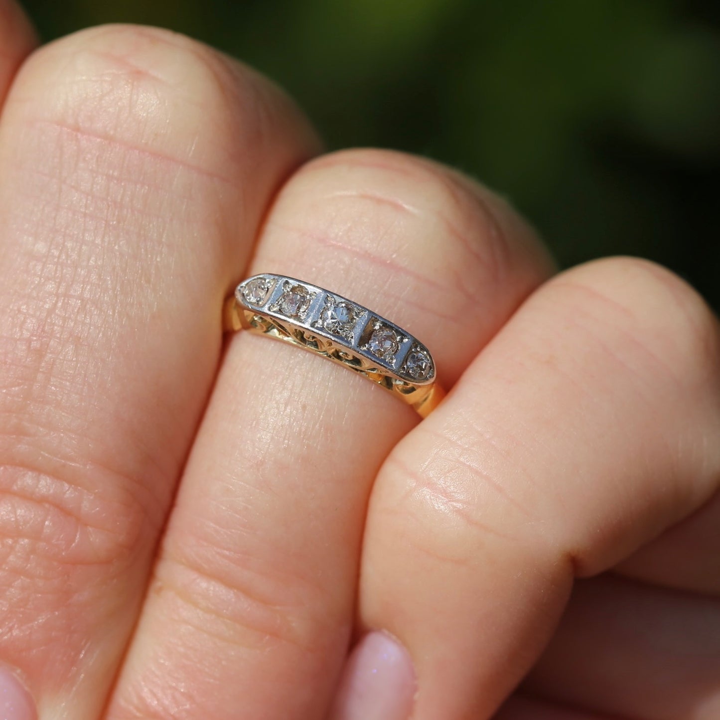 1930s Old Cut 5 Stone Diamond Ring, Platinum and 18ct Yellow Gold, size L or 5.75