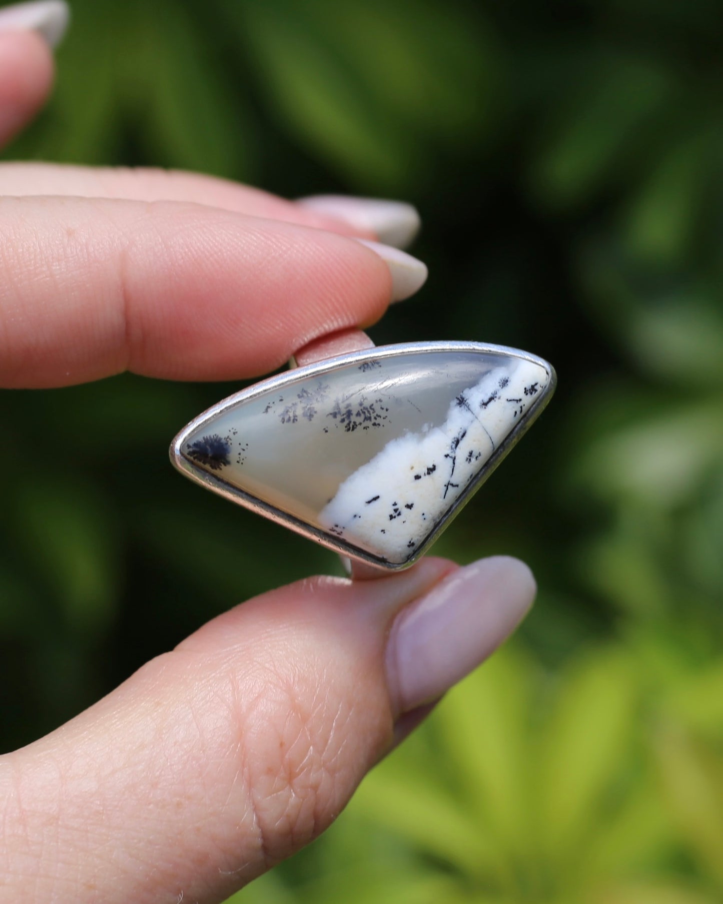 Freeform Dendritic Agate Bezel Set Ring, size T1/2 or 9.75, 14.7g