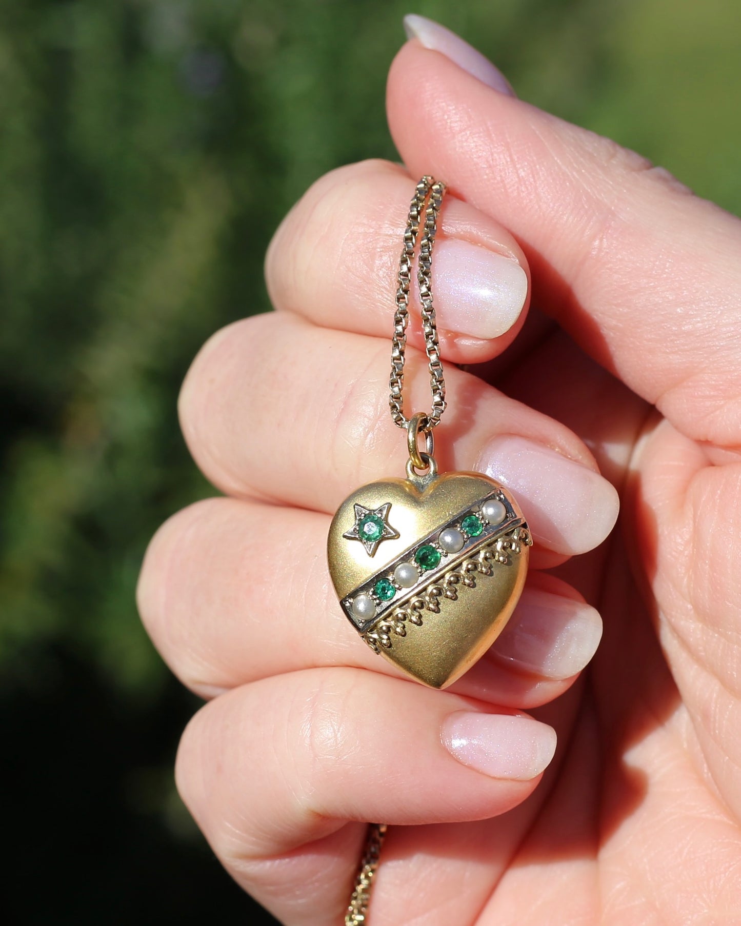 Early Australian Aronson & Co Puffy Heart set Pendant with Pearl and Green Gems, 9ct Yellow Gold, 2.59g