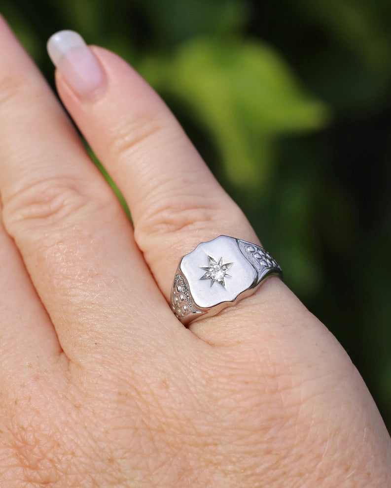 Vintage Shield Signet With Old Cut Diamond, 18ct White Gold, size N or just over 6.5 (fits more like an L1/2-M due to width), 6.86g