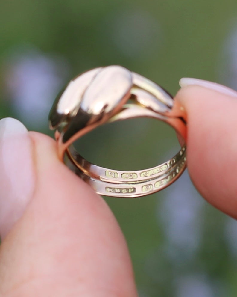 Antique 1907 Birmingham Made Double Snake Ring, 9ct Old Rosey Gold, size I1/2 or 4.5, 3.22g