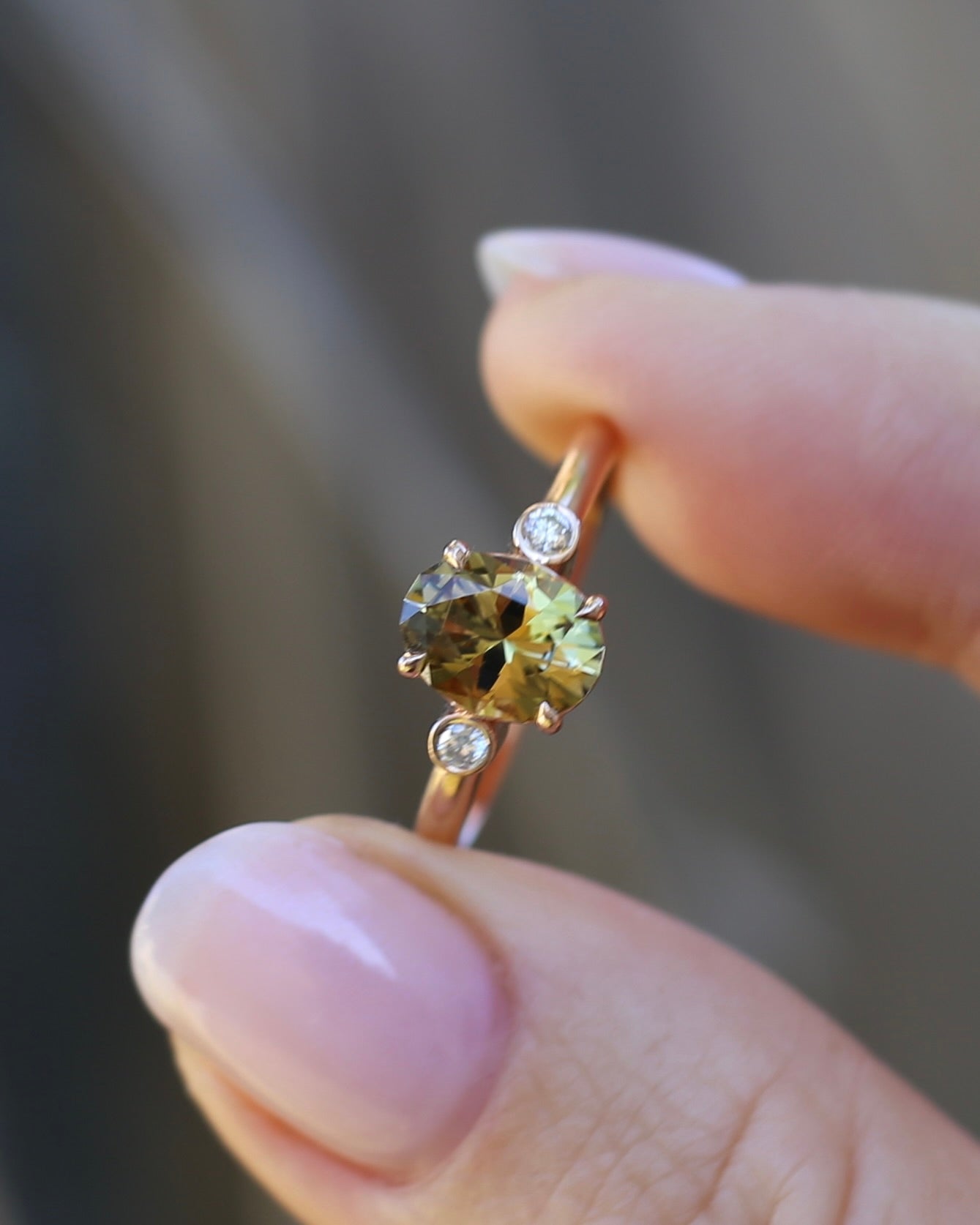1.57ct Natural Golden Tanzanite Zoisite and Diamond Trilogy Ring, 14ct Rose Gold, size 8.75 or just over R, 3.3g, with valuation