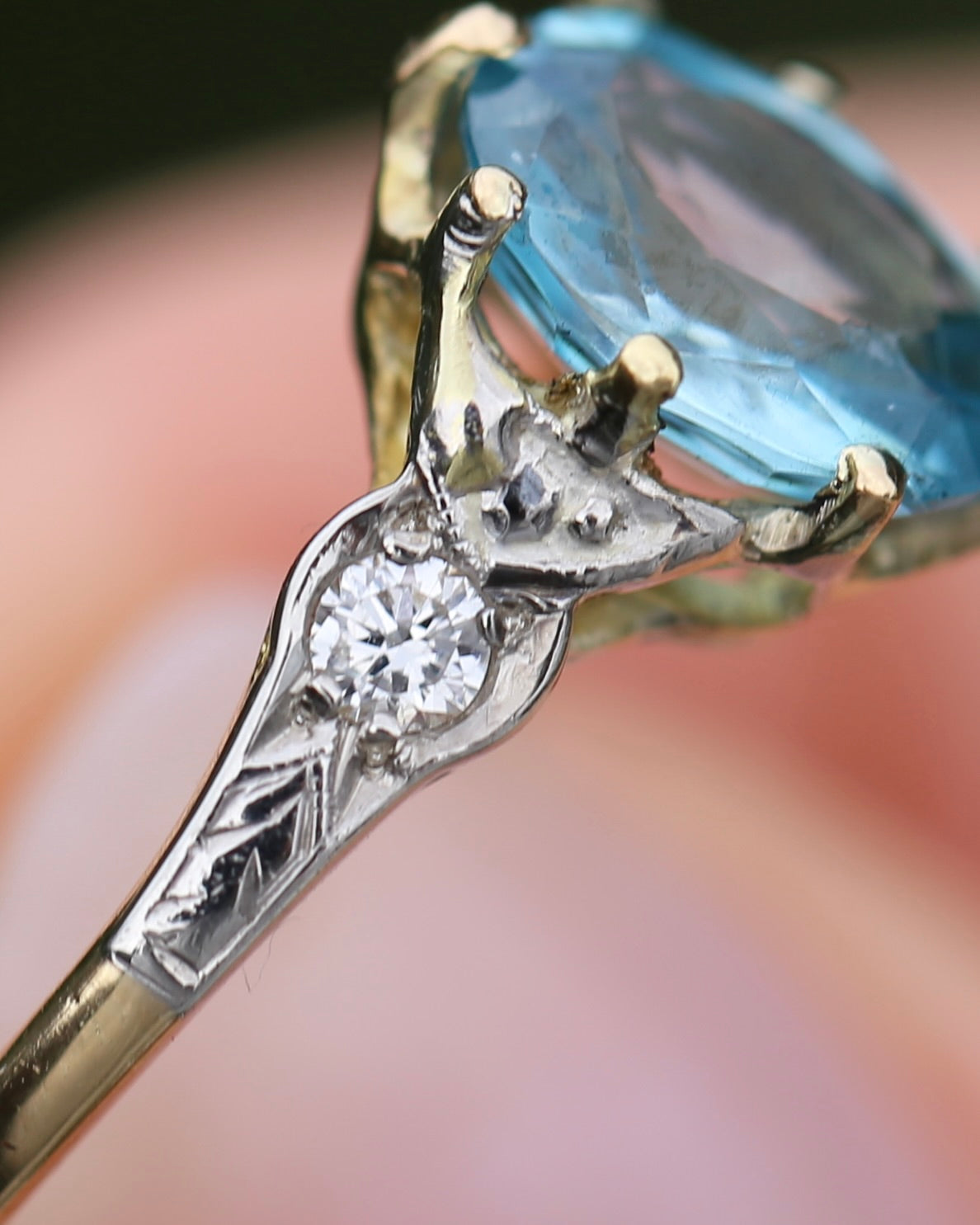 Circa 1930s Art Deco Blue Zircon and Diamond Ring, 18ct size just over M1/2 or 6.5, 2.80g