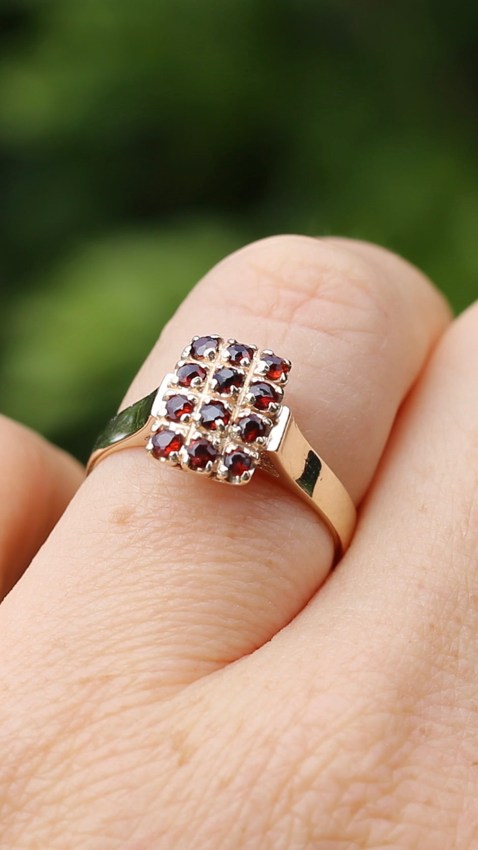 Old Cut 12 Stone Garnet Checkerboard Ring, size P or 7.75